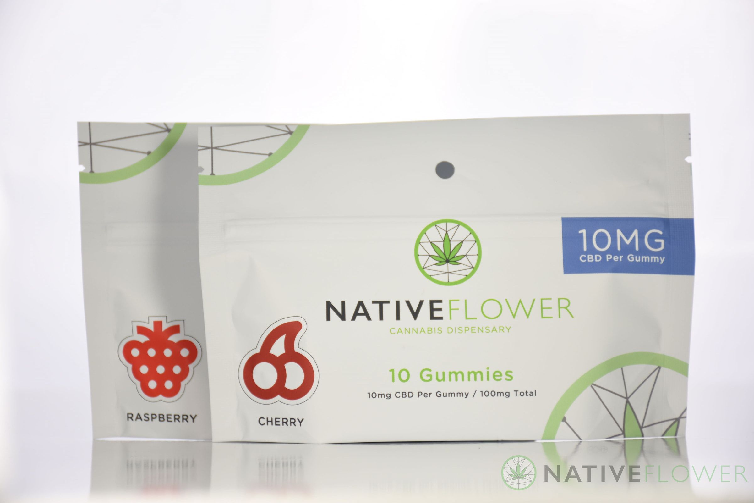 Two Native Flower gummy pouches, cherry in front and raspberry behind.