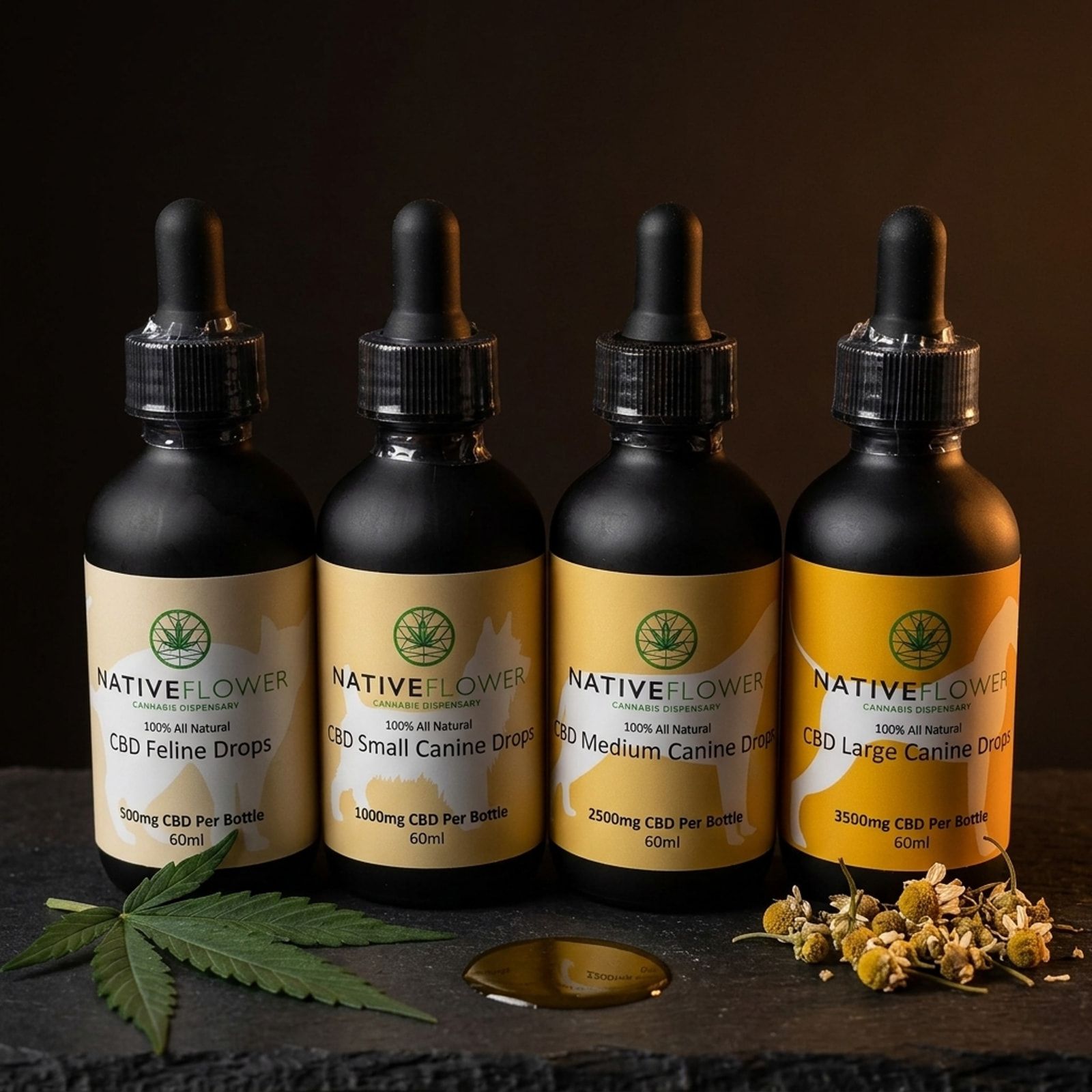 Four Native Flower dropper bottles with cat and dog silhouette labels, a cannabis leaf, a pool of oil and dried chamomile in front.