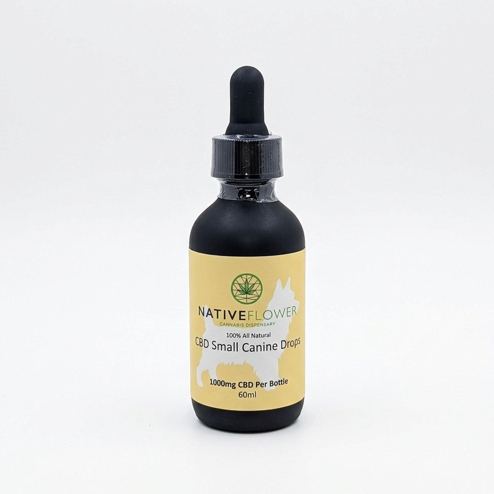 A Native Flower small canine CBD dropper bottle with a cream label and a white dog silhouette, on a white background.