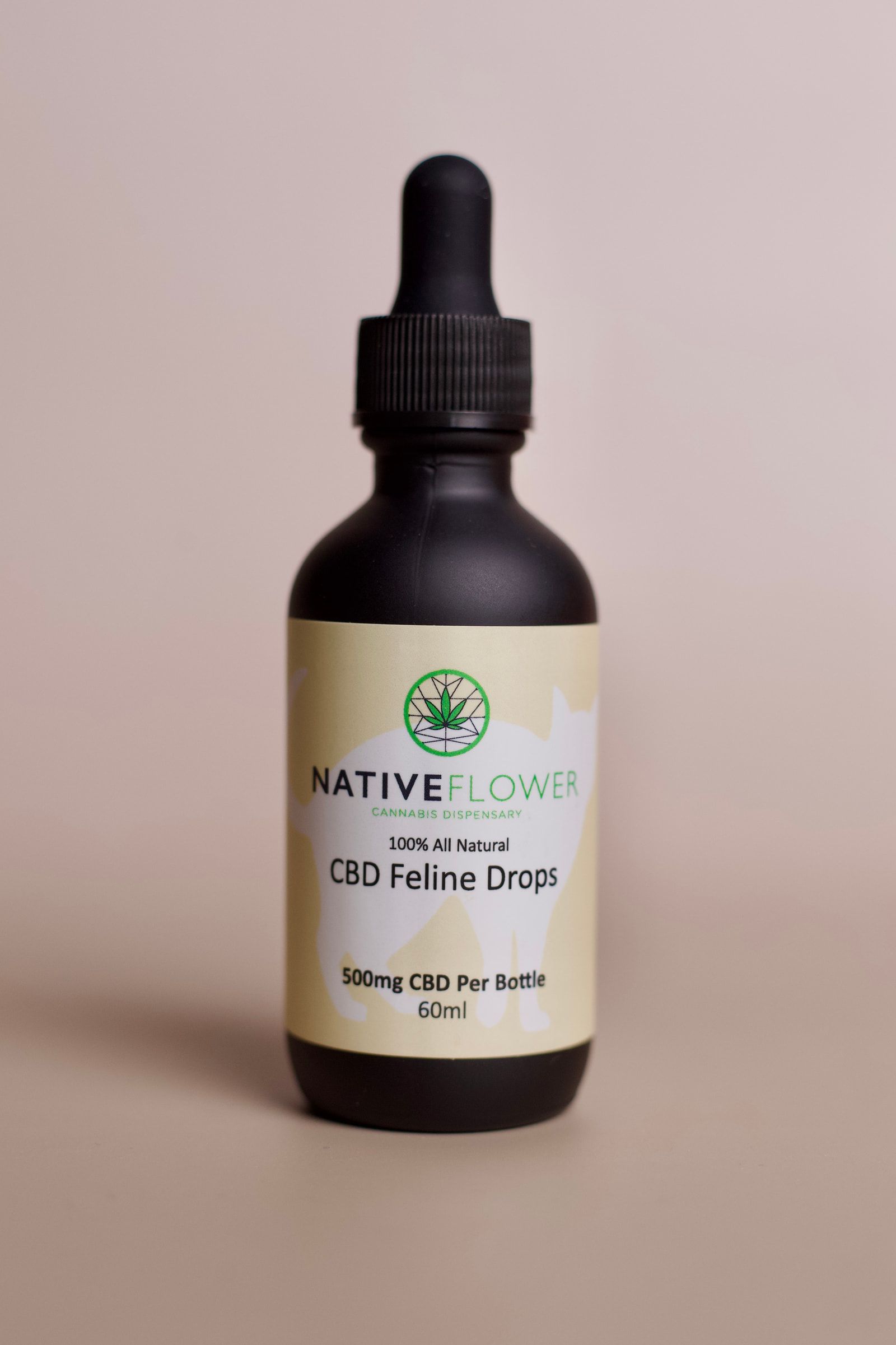 A bottle labelled for cats, with a cat silhouette printed behind the text.