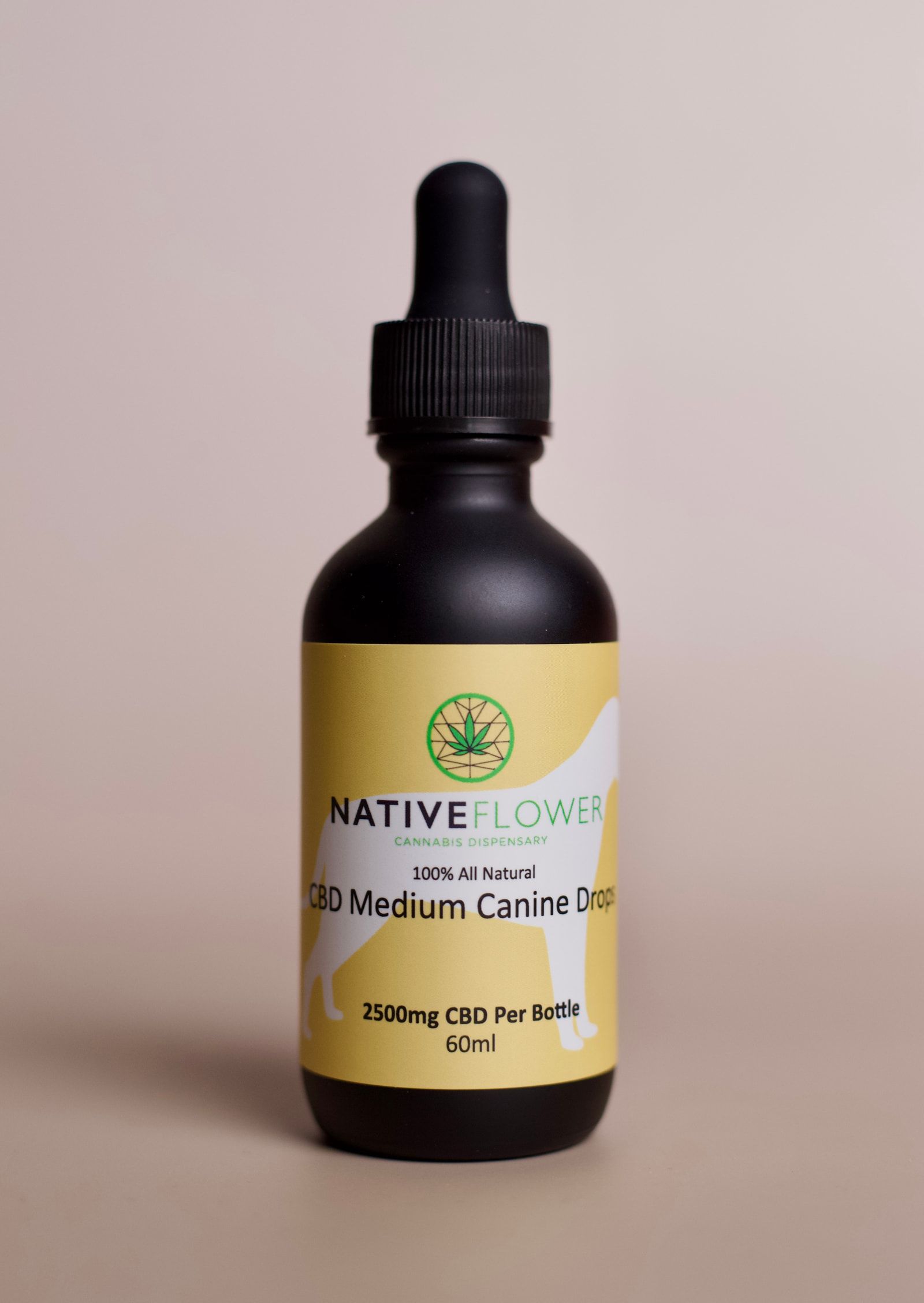 A bottle labelled for medium dogs, with a larger dog silhouette behind the text.