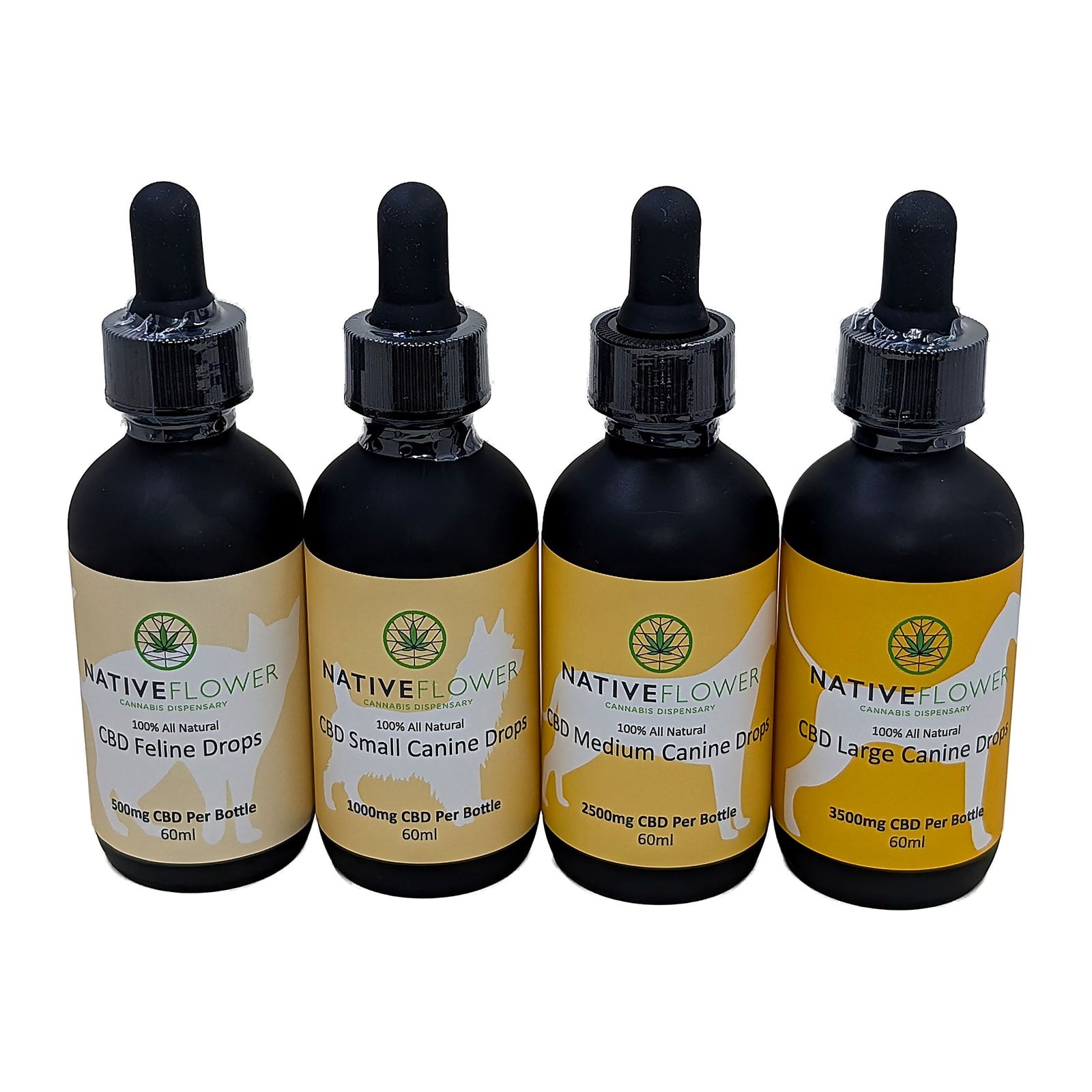 Four Native Flower pet drops bottles in a row with yellow labels, showing a cat, a small dog, a medium dog and a large dog in silhouette.