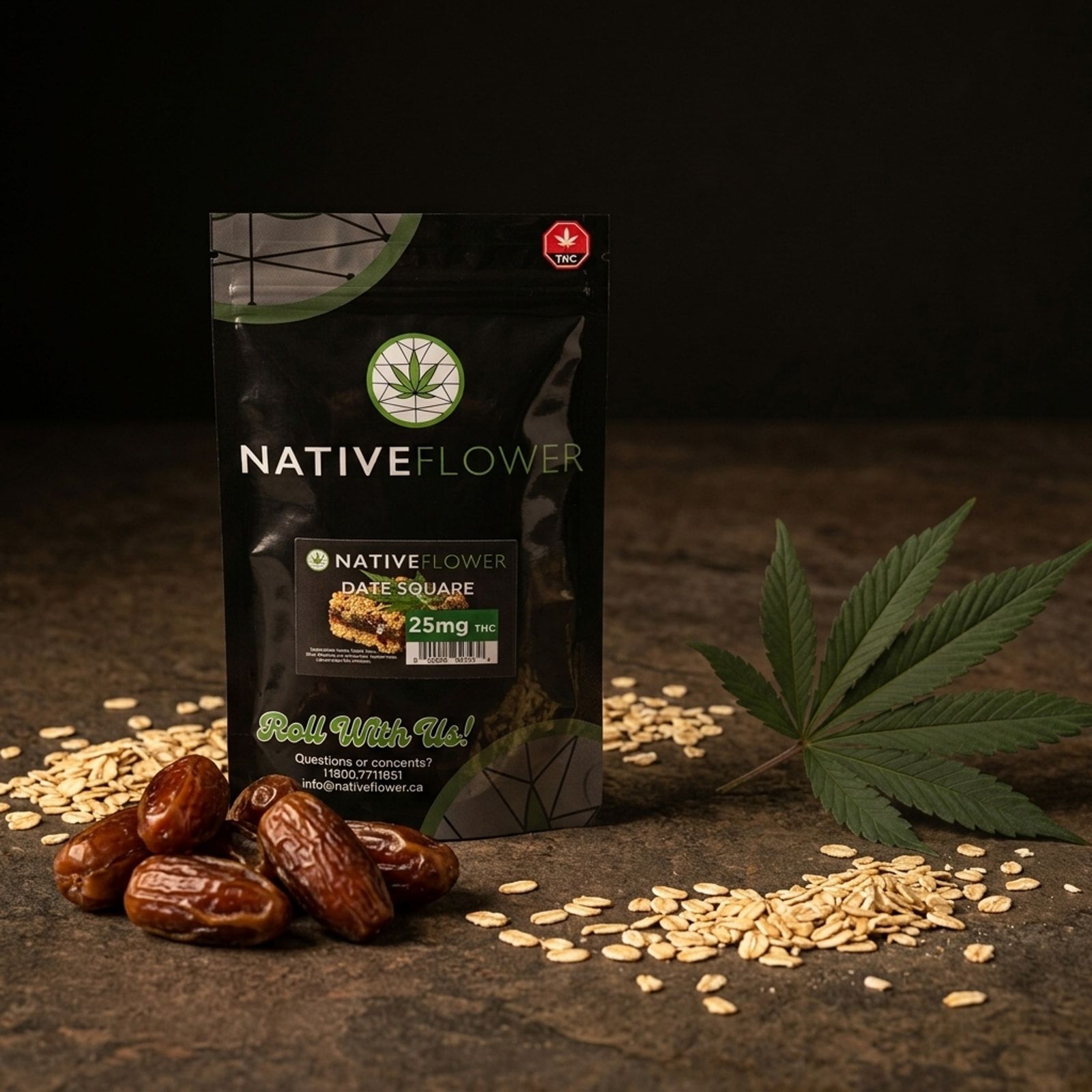 A black Native Flower date square pouch on a stone surface, with whole dates, rolled oats and a cannabis leaf.