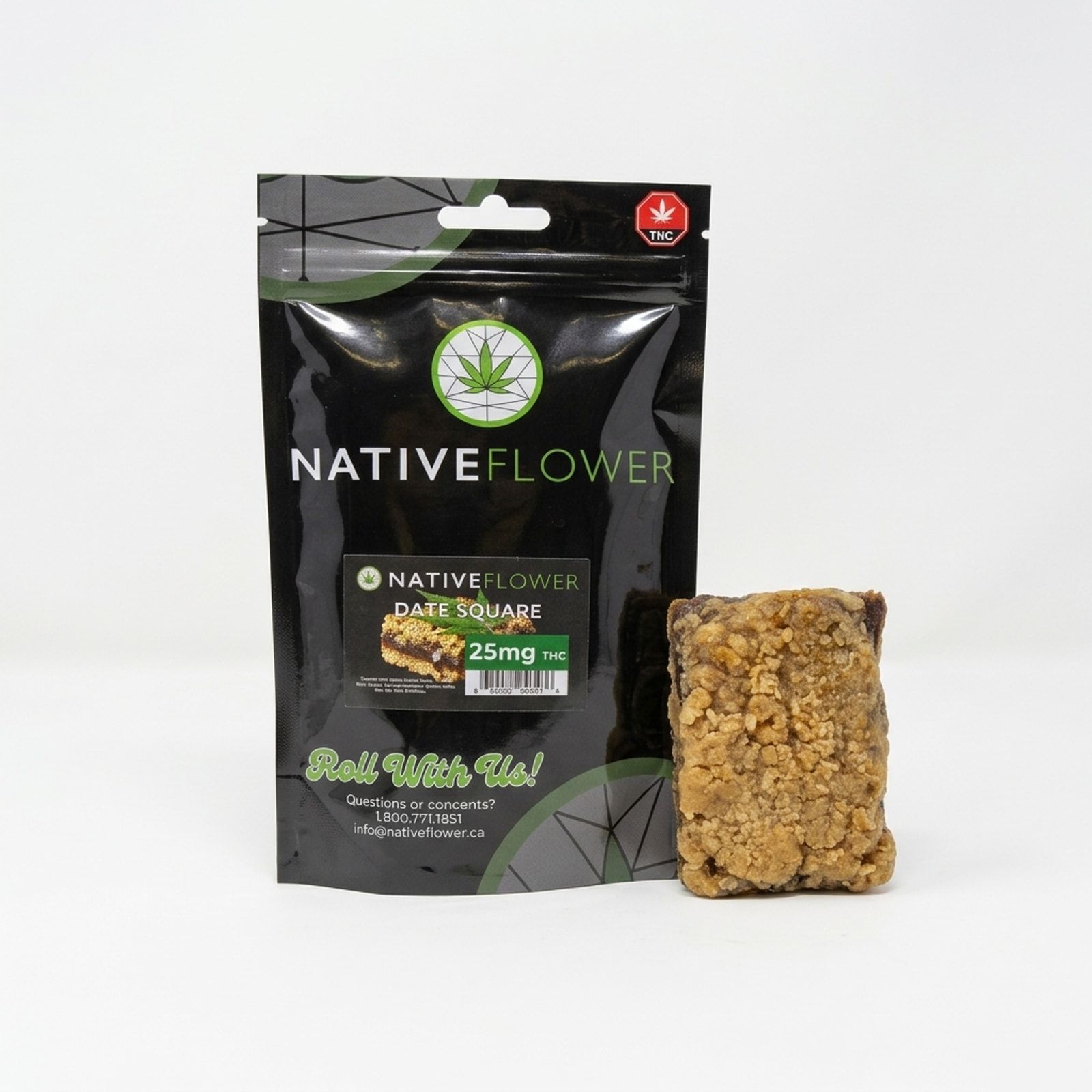 A crumb-topped date square standing beside its black Native Flower pouch on a white background.