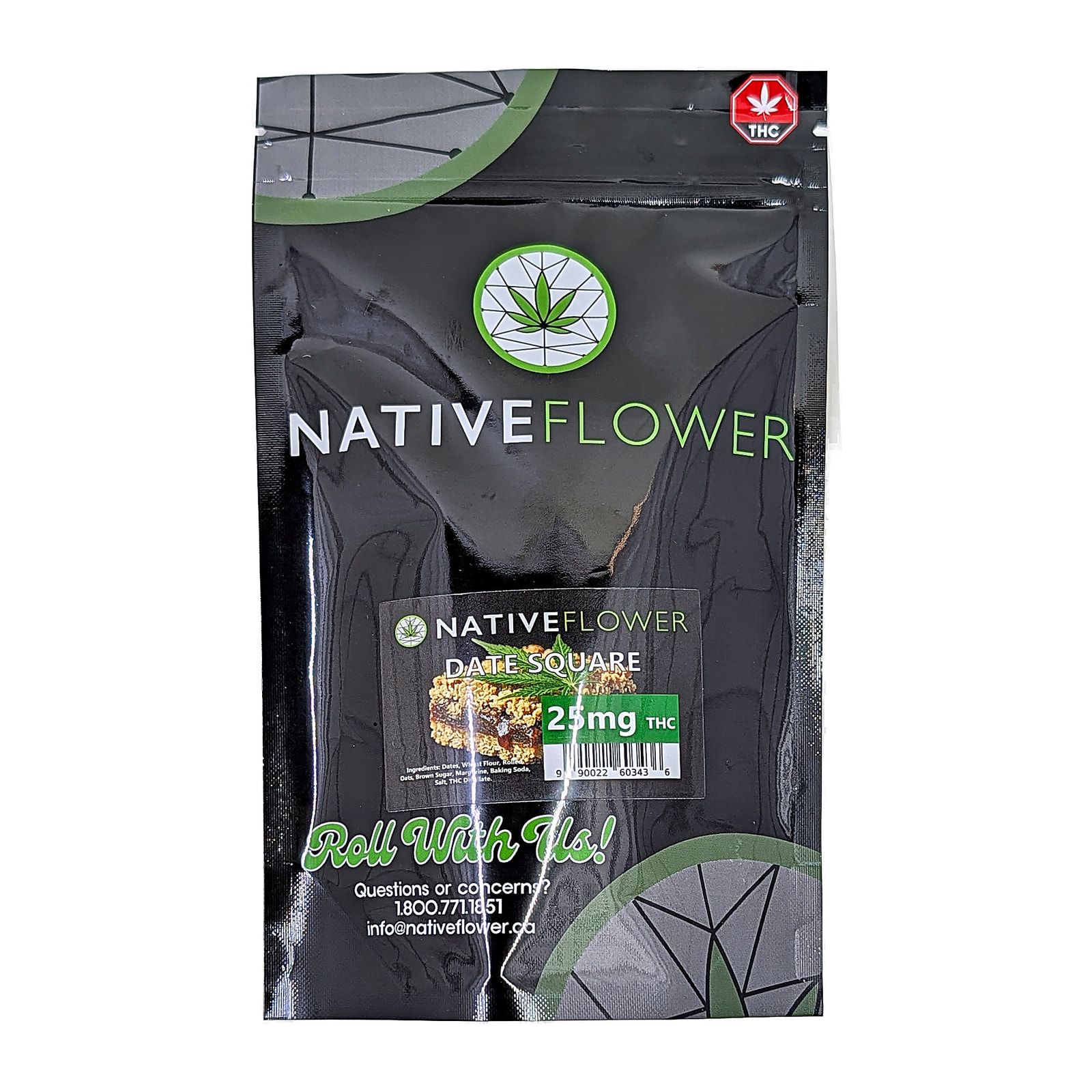 A black Native Flower date square pouch, front facing, with the 25 mg THC label.
