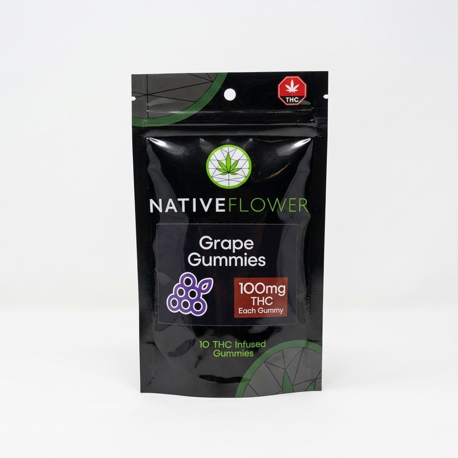 A black Native Flower grape gummies pouch with a red label panel, standing upright on a white background.