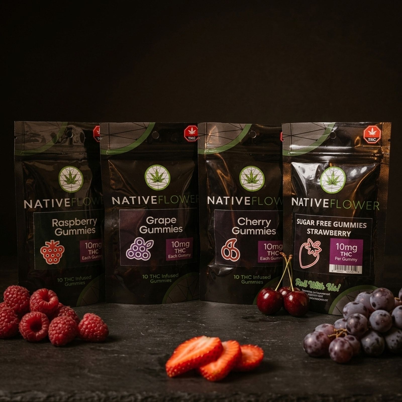 Four black Native Flower gummy pouches in a row — raspberry, grape, cherry and sugar-free strawberry — behind fresh fruit.
