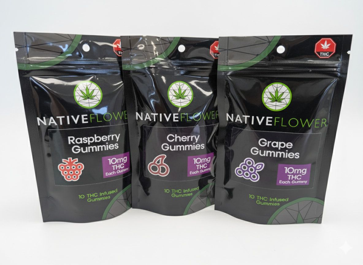 Three black Native Flower gummy pouches in a row — raspberry, cherry and grape.
