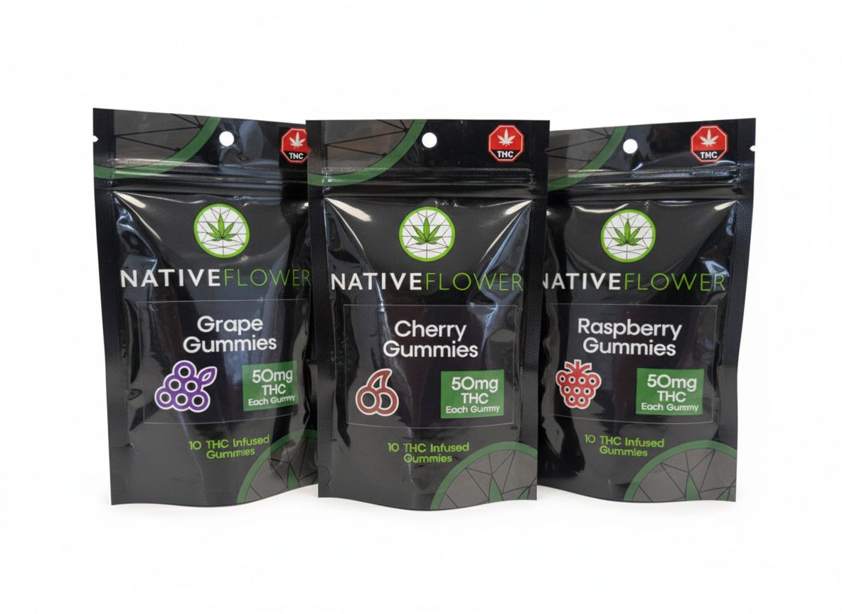 Three black Native Flower gummy pouches in a row — grape, cherry and raspberry.