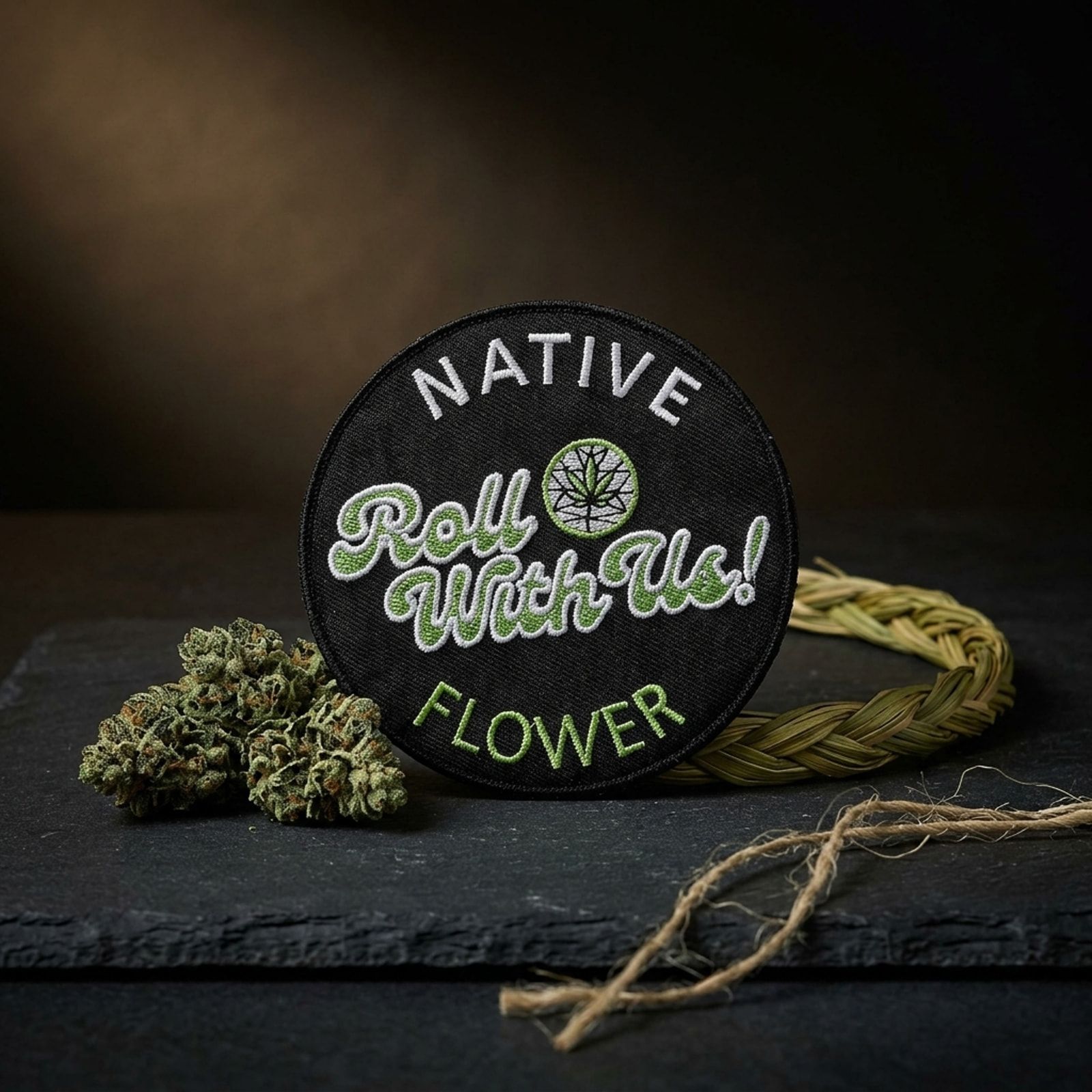A round black Native Flower iron-on patch, Roll With Us! embroidered in green and white, on slate beside cannabis buds and a sweetgrass braid.