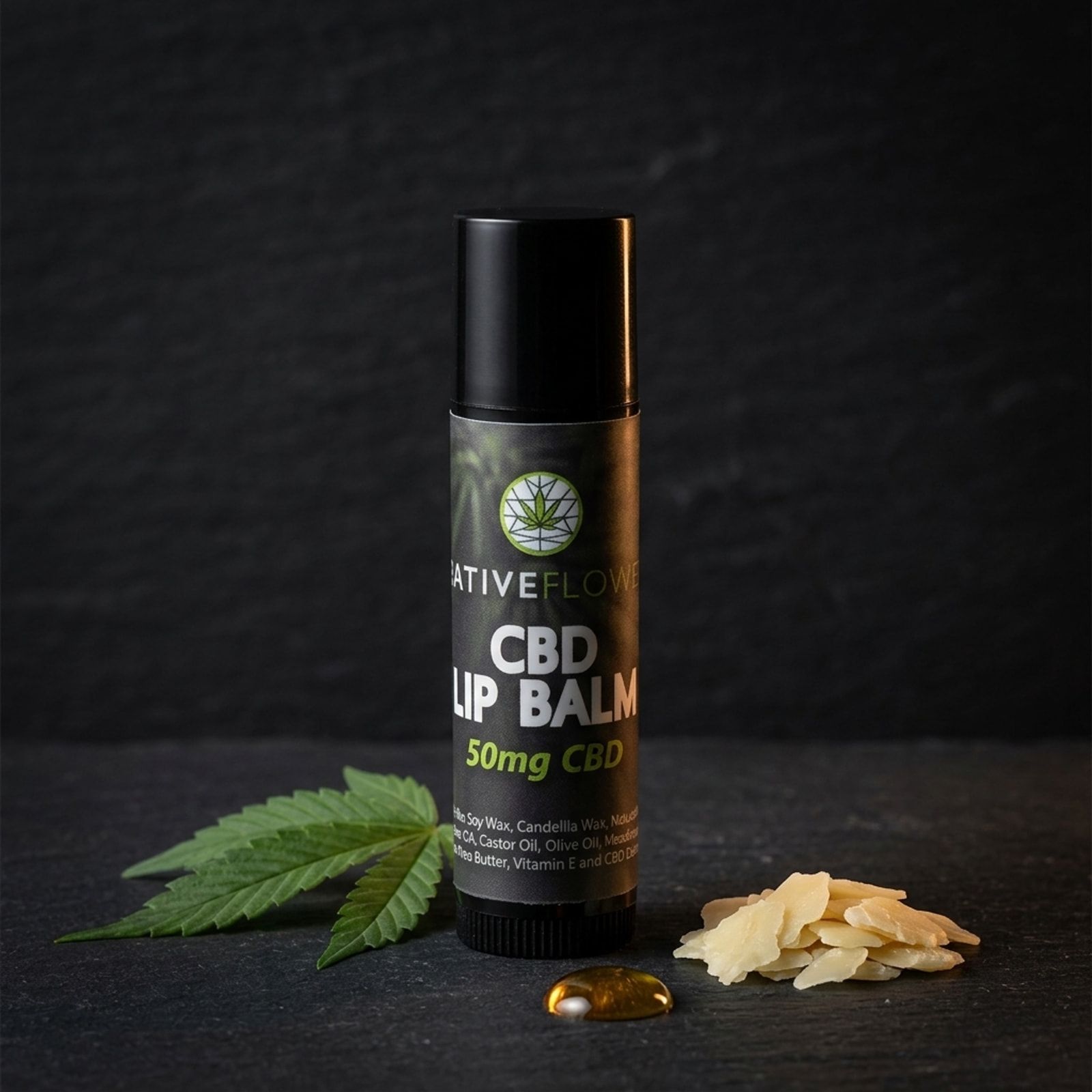 A Native Flower CBD lip balm tube standing on slate, a cannabis leaf, a drop of golden oil and pale wax flakes beside it.