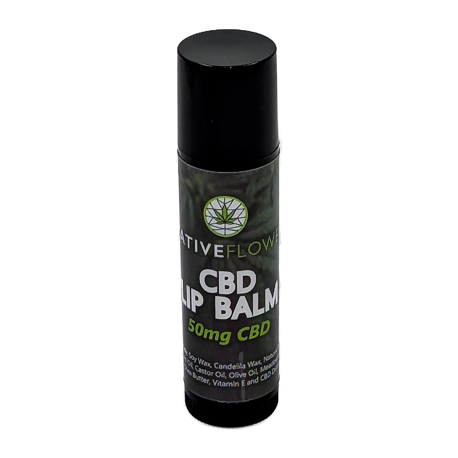 A black Native Flower CBD lip balm tube standing upright, the label facing forward.
