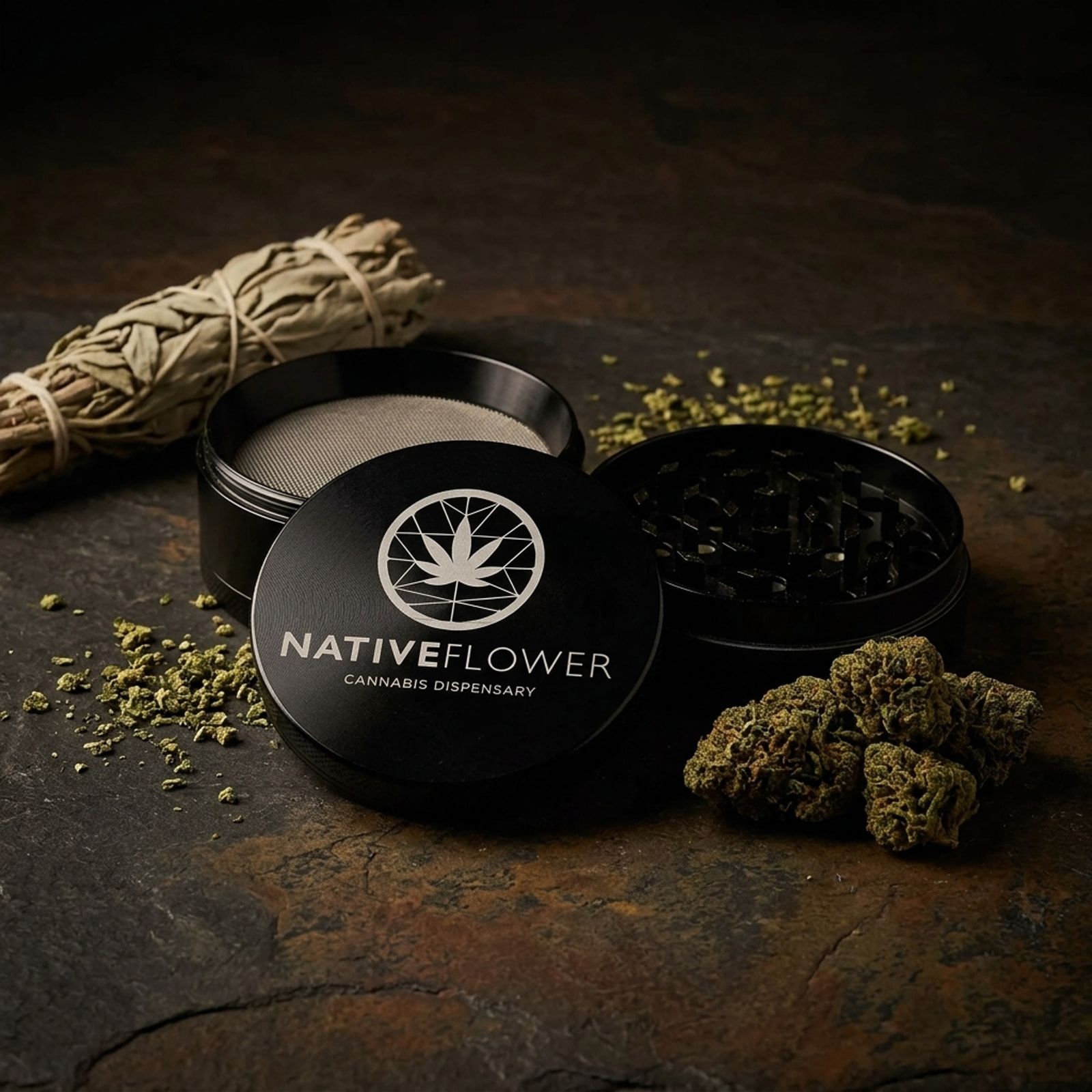 An open black Native Flower metal grinder on slate, lid engraved with the Native Flower logo, beside ground cannabis, buds and a sage bundle.