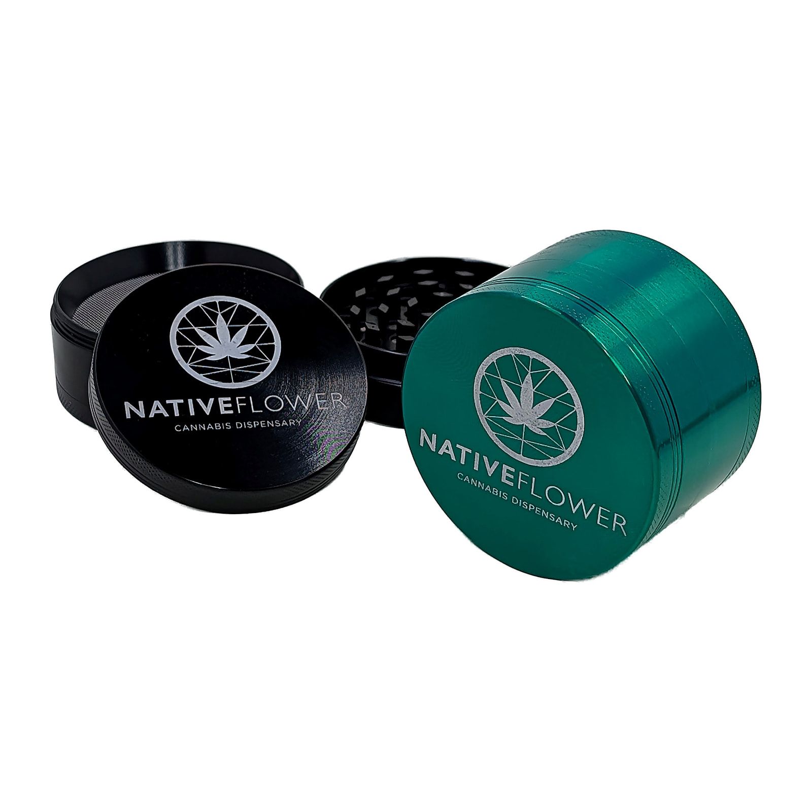 The black grinder in pieces beside the green one standing closed.