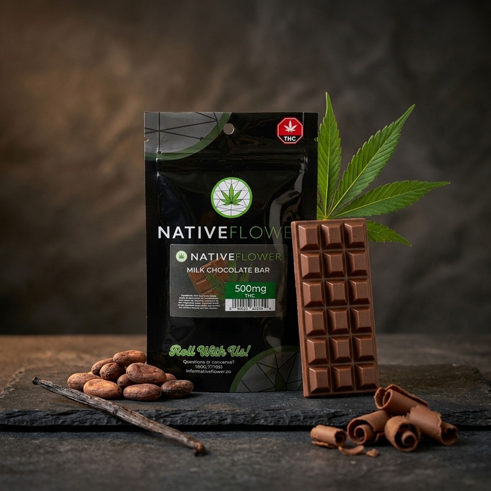 A Native Flower milk chocolate bar pouch beside an unwrapped mini bar, cocoa beans, a vanilla pod and chocolate curls on slate.