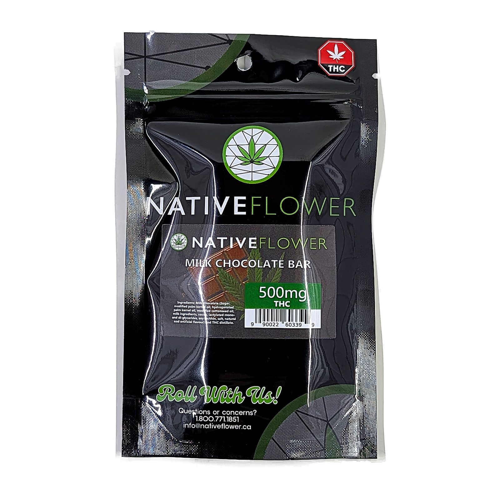 The milk chocolate mini bar pouch, front facing, with the 500 mg THC label.