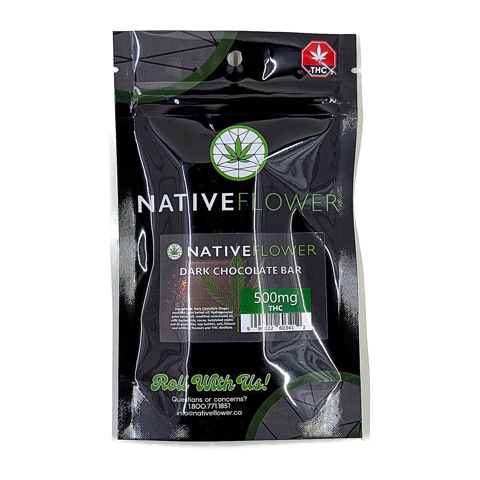 The dark chocolate mini bar pouch, front facing, with the 500 mg THC label.