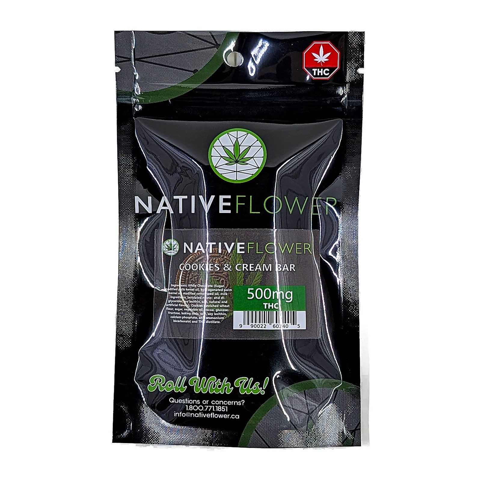 The cookies and cream mini bar pouch, front facing, with the 500 mg THC label.