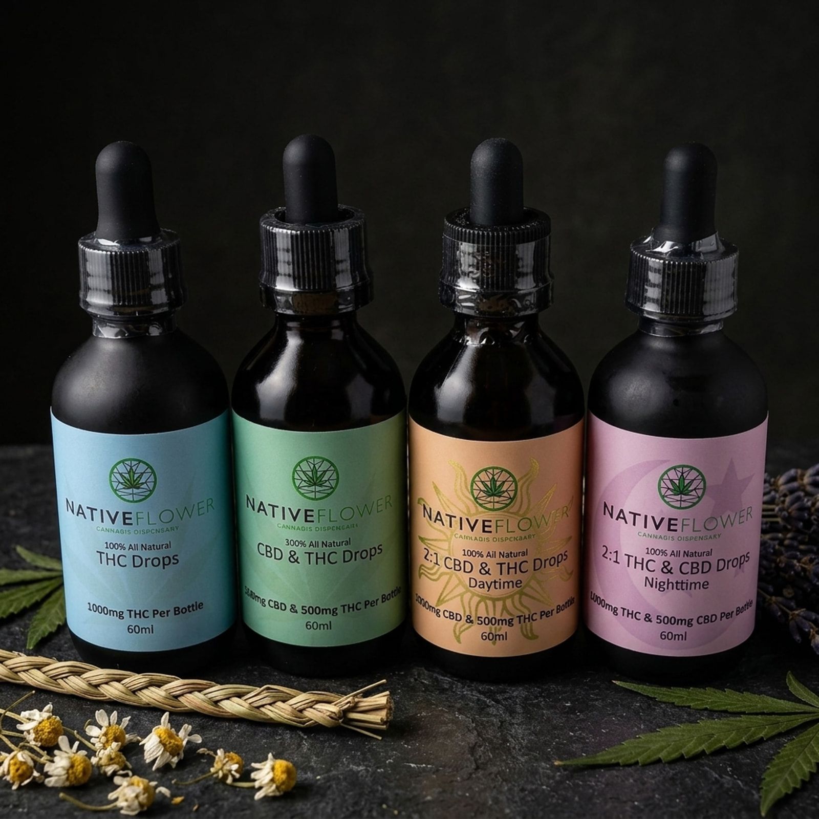 Four Native Flower dropper bottles with blue, green, orange and pink labels on slate, a sweetgrass braid, dried chamomile and cannabis leaves in front.