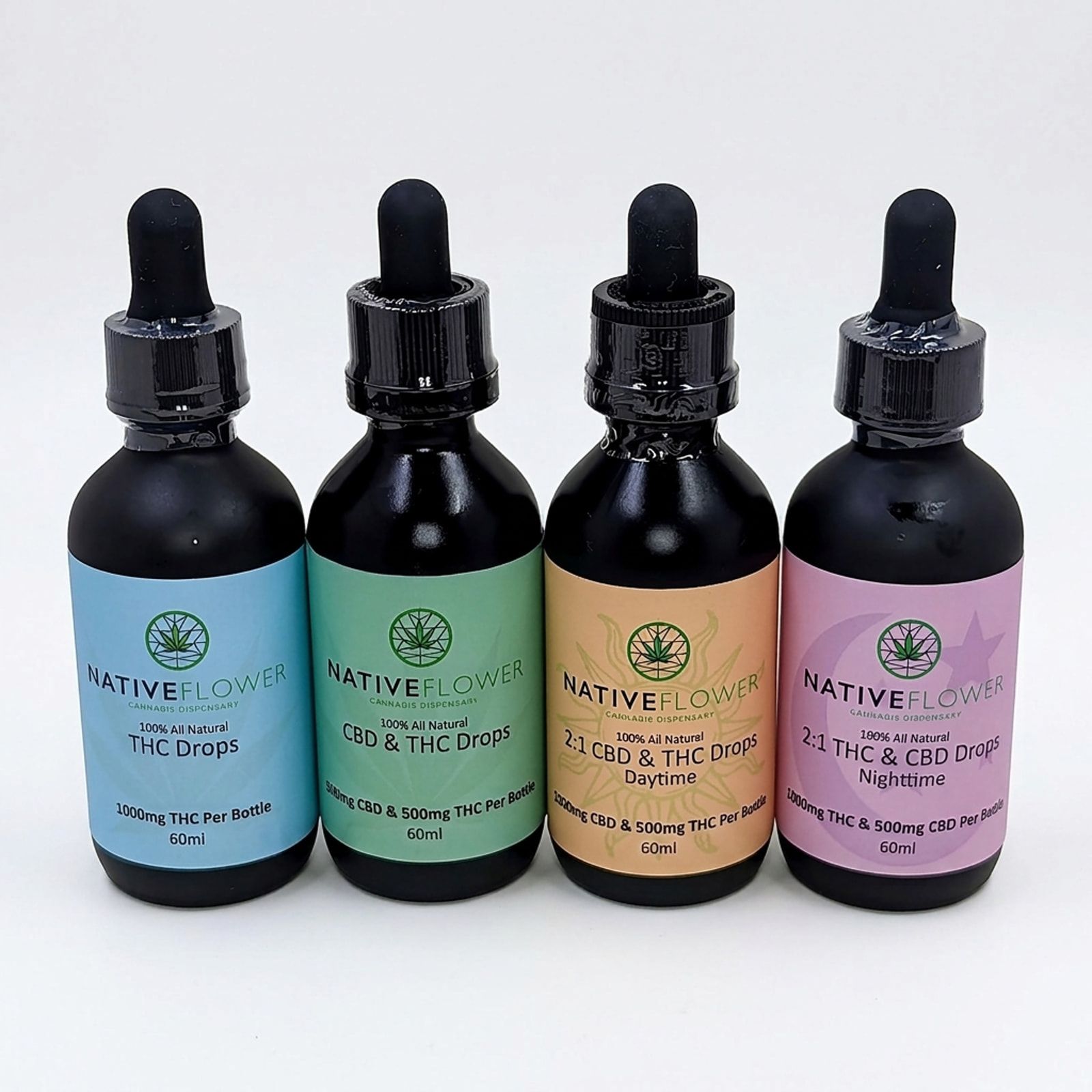 Four Native Flower dropper bottles in a row with blue, green, orange and pink labels, on a white background.