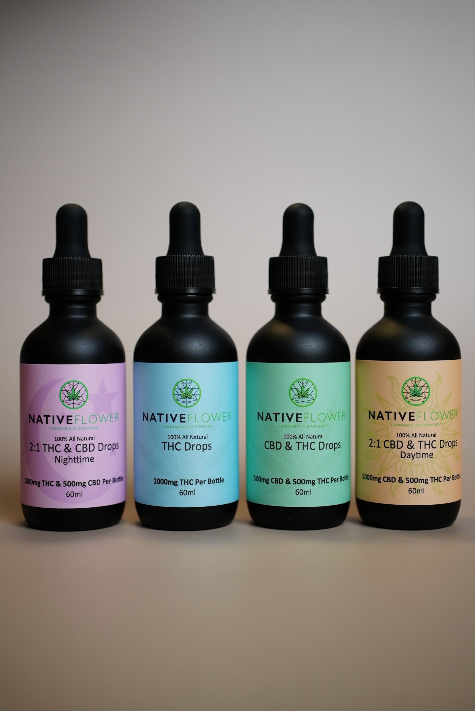 All four Native Flower drop blends in a row, each with a differently coloured label.