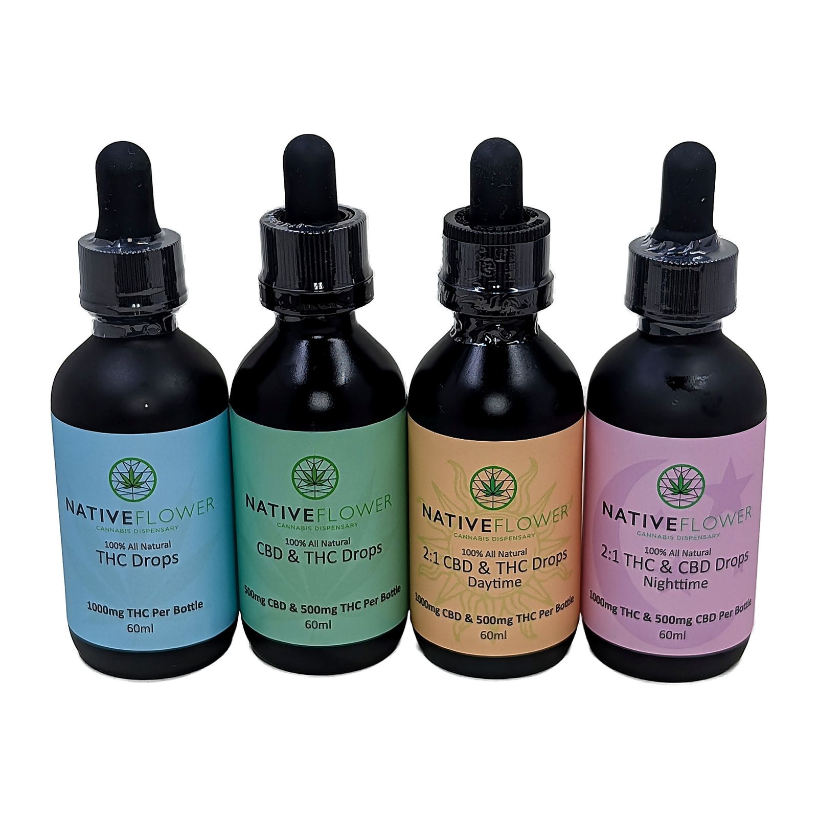 Four black Native Flower drops bottles in a row with pastel labels — THC drops, an even split of both cannabinoids, a daytime blend and a nighttime blend.