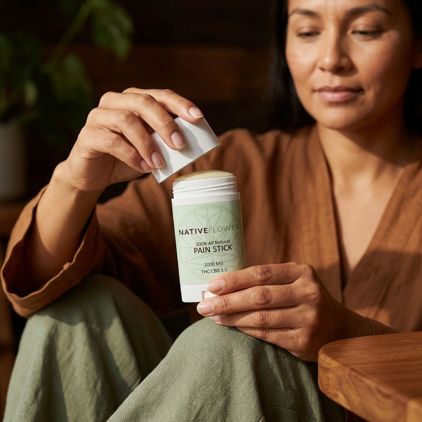 A seated woman in a rust-coloured linen top lifting the cap off the Native Flower pain stick.