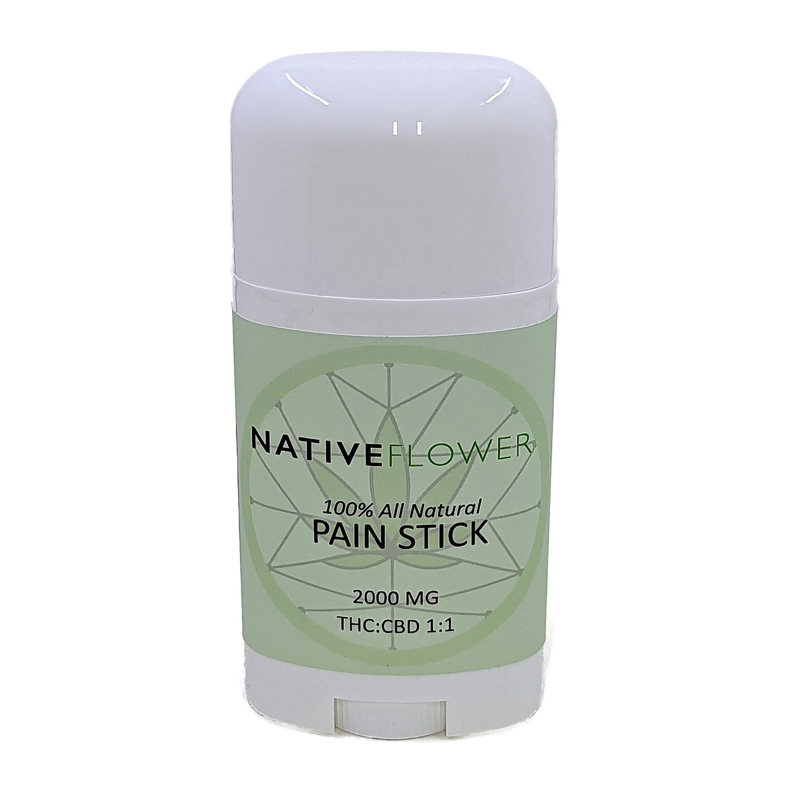 A white Native Flower pain stick with a pale green label, cap on, standing upright.