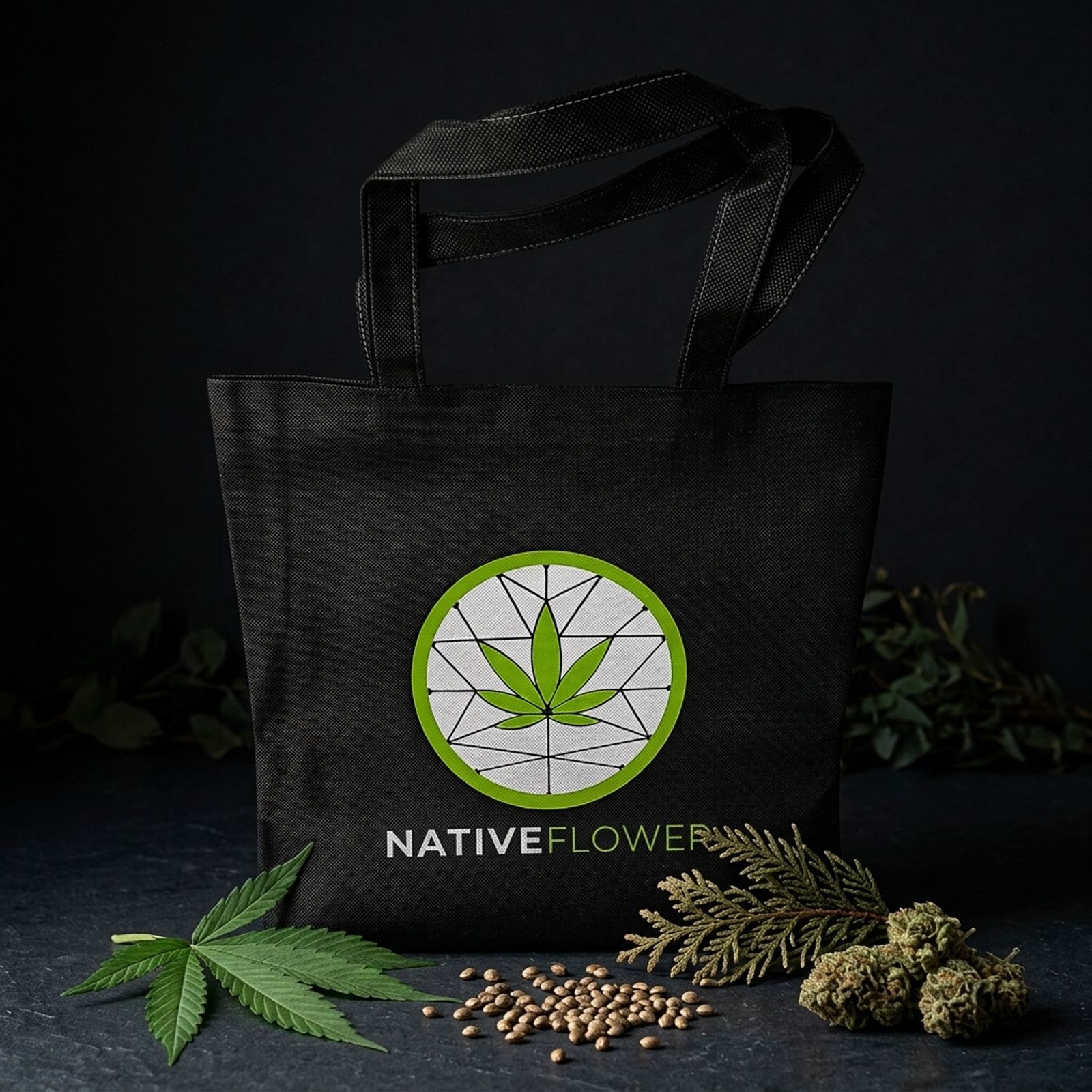 A black Native Flower reusable bag with the Native Flower logo, set on slate with a cannabis leaf, seeds, a cedar sprig and dried buds.