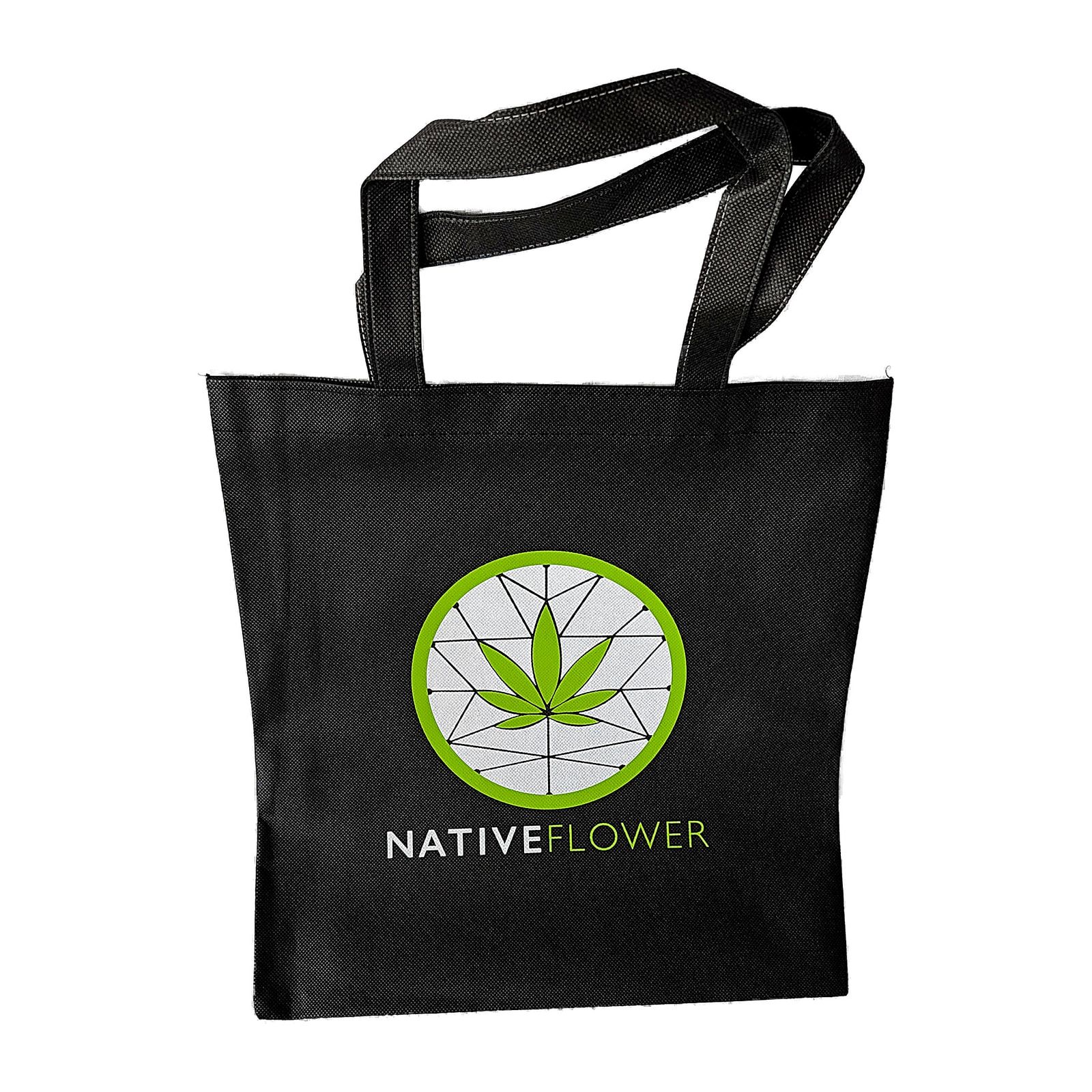 A black Native Flower reusable bag with two short carry handles, the Native Flower logo printed large in green and white across the front.