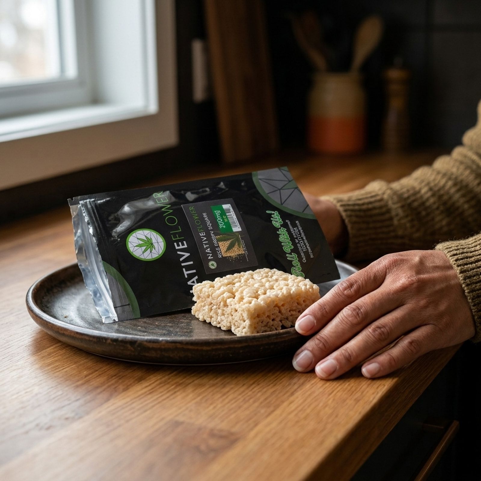 A hand rests beside a rice krispy square and its black Native Flower pouch on a dark plate, on a wooden counter by a window.