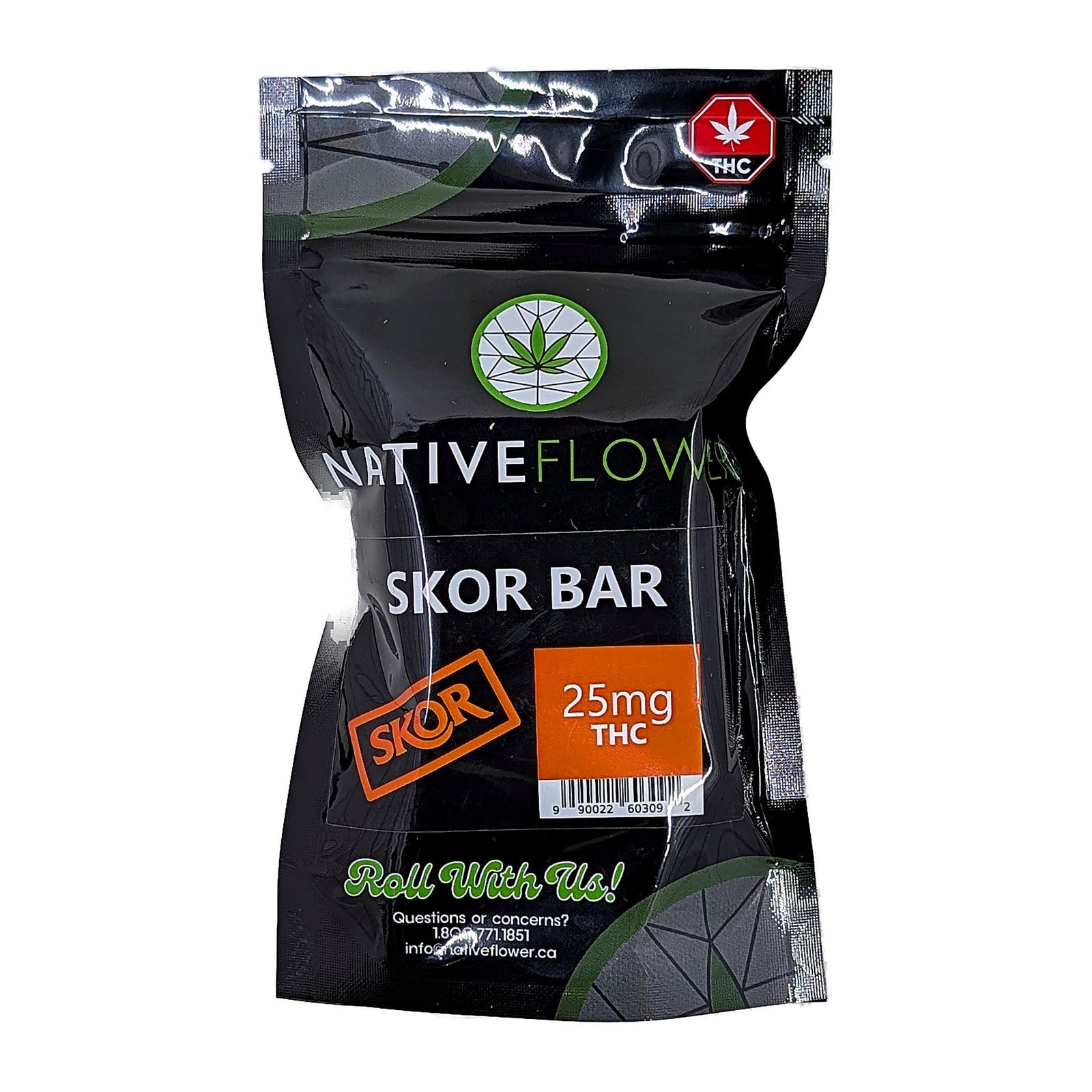 A black Native Flower Skor bar pouch, front facing, with the Skor logo and the 25 mg THC label.