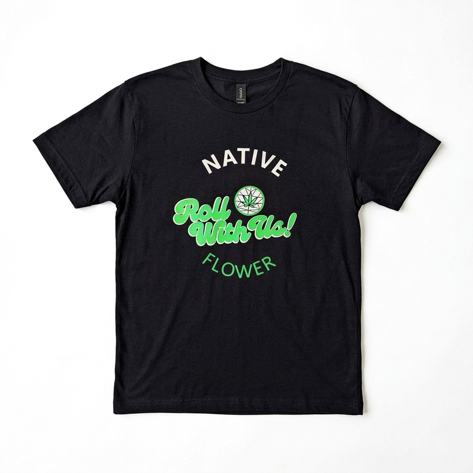 A black Native Flower T-shirt laid flat on a white background, Roll With Us and the Native Flower logo printed across the chest.