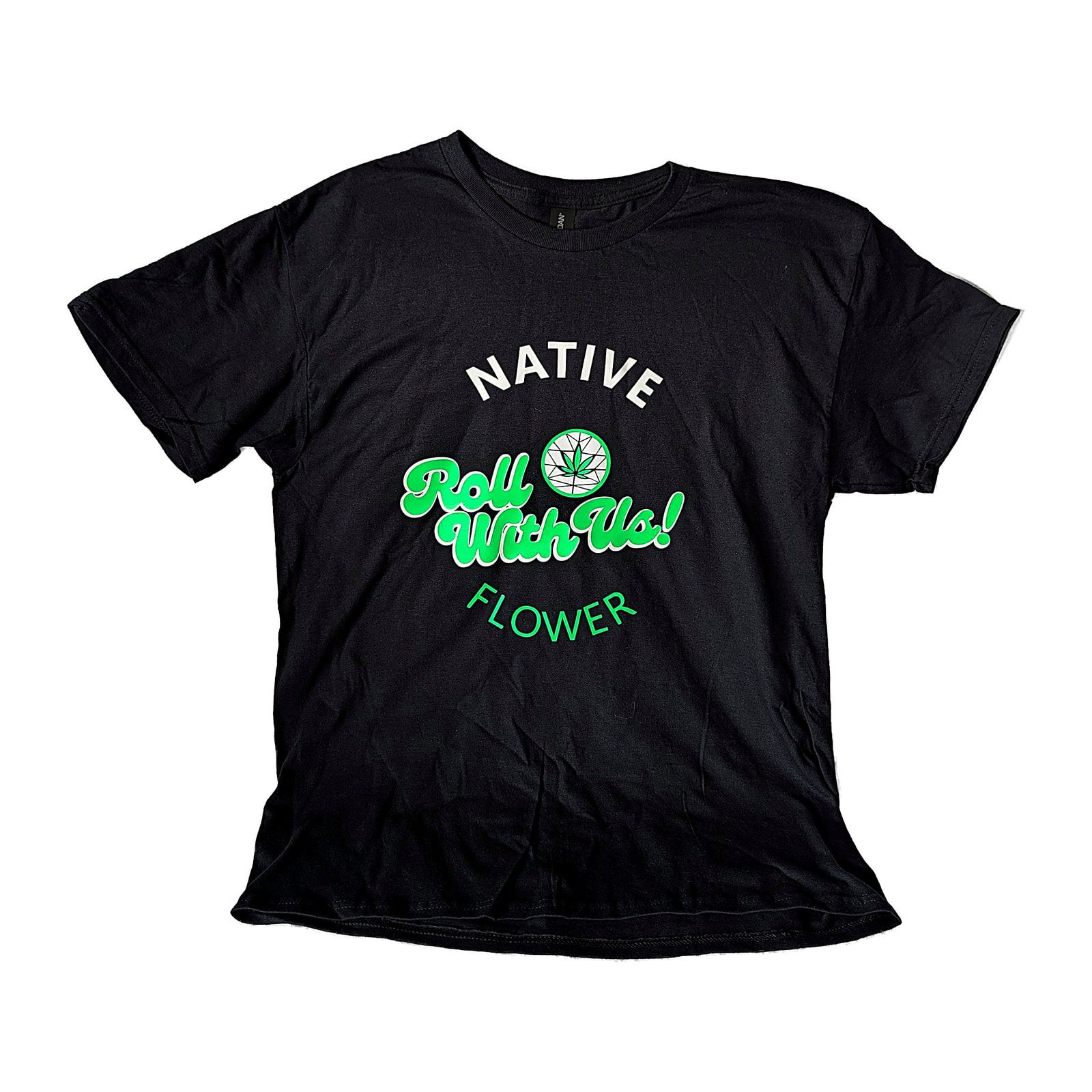 A black Native Flower t-shirt laid flat, with NATIVE arched above Roll With Us in green script and FLOWER curved beneath it.
