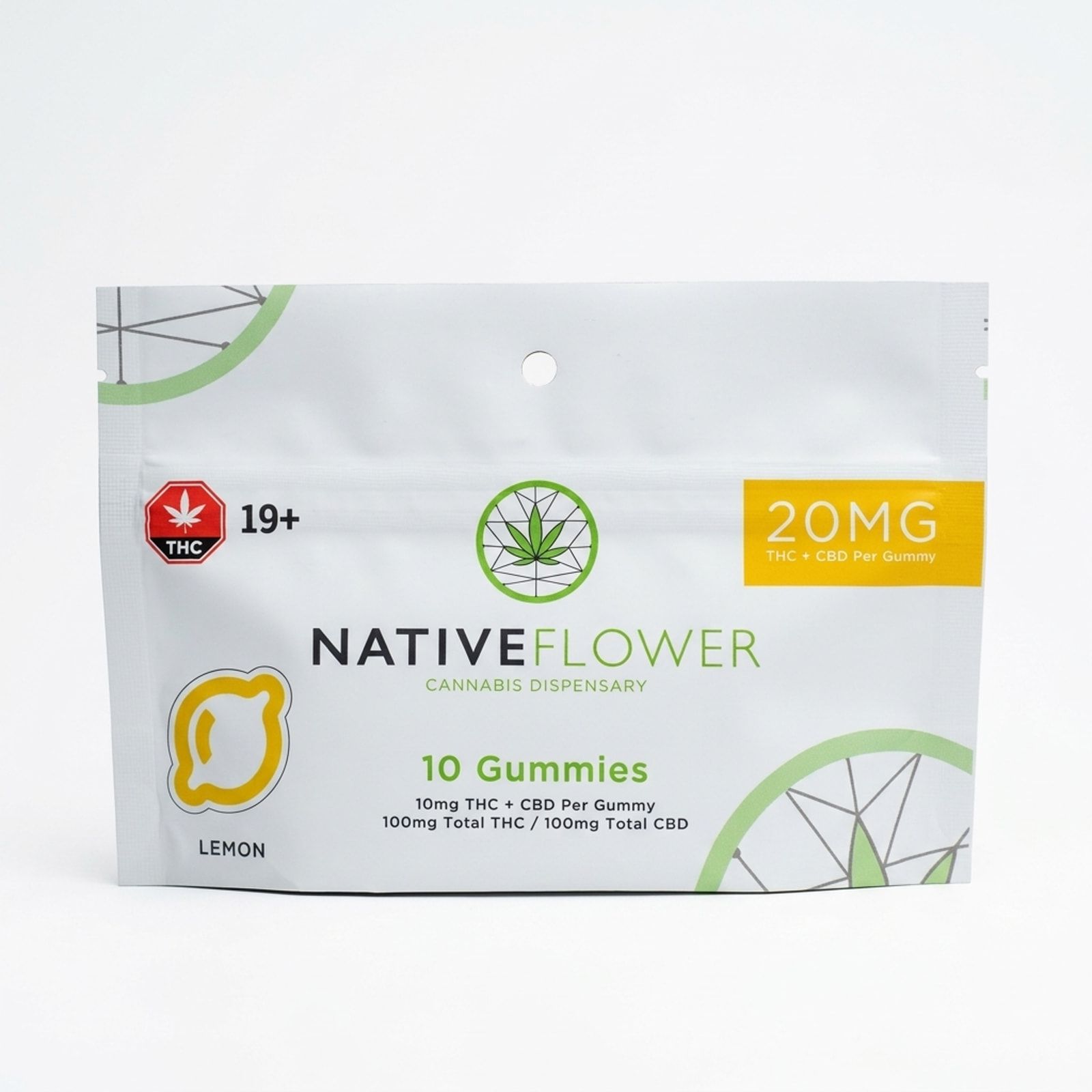 A white Native Flower lemon THC and CBD gummies pouch with a yellow lemon icon and a THC warning symbol, on a white background.