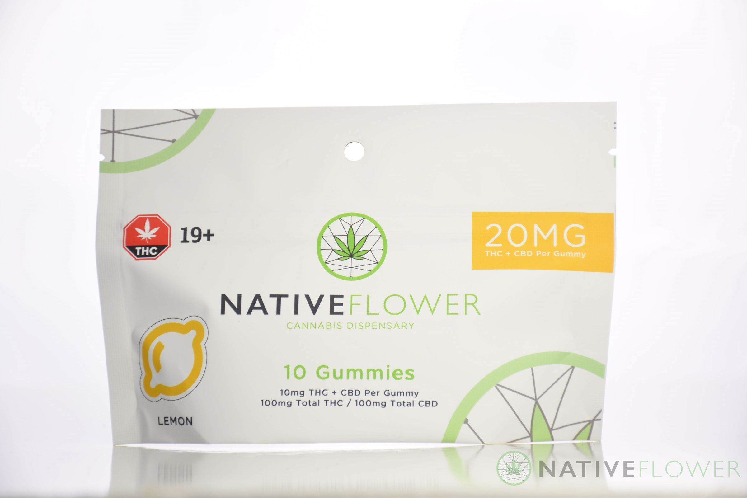 A pale Native Flower gummy pouch with a lemon motif and a cannabis warning symbol.