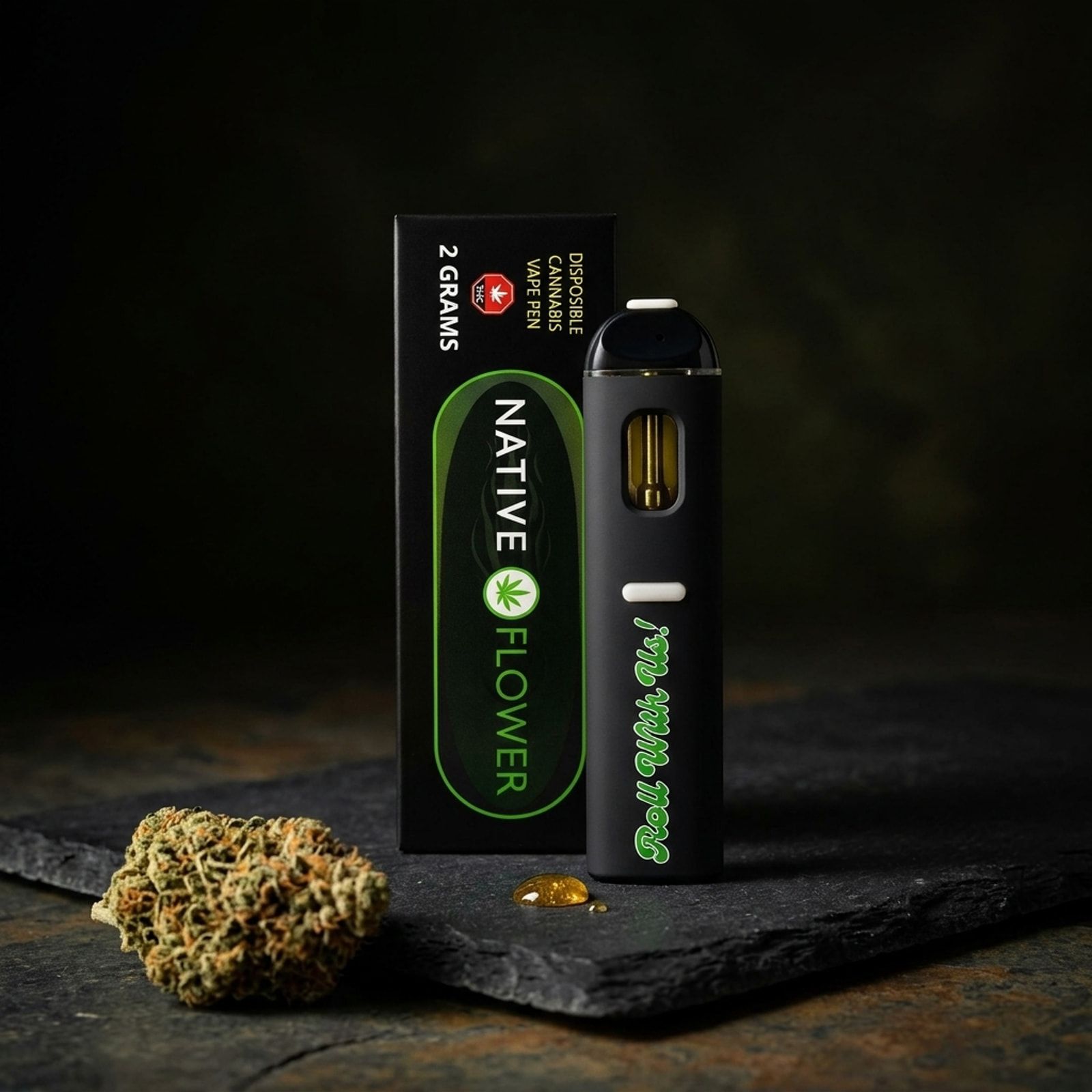 A black Native Flower disposable vape pen standing beside its box on slate, with a cannabis bud and a small drop of oil.