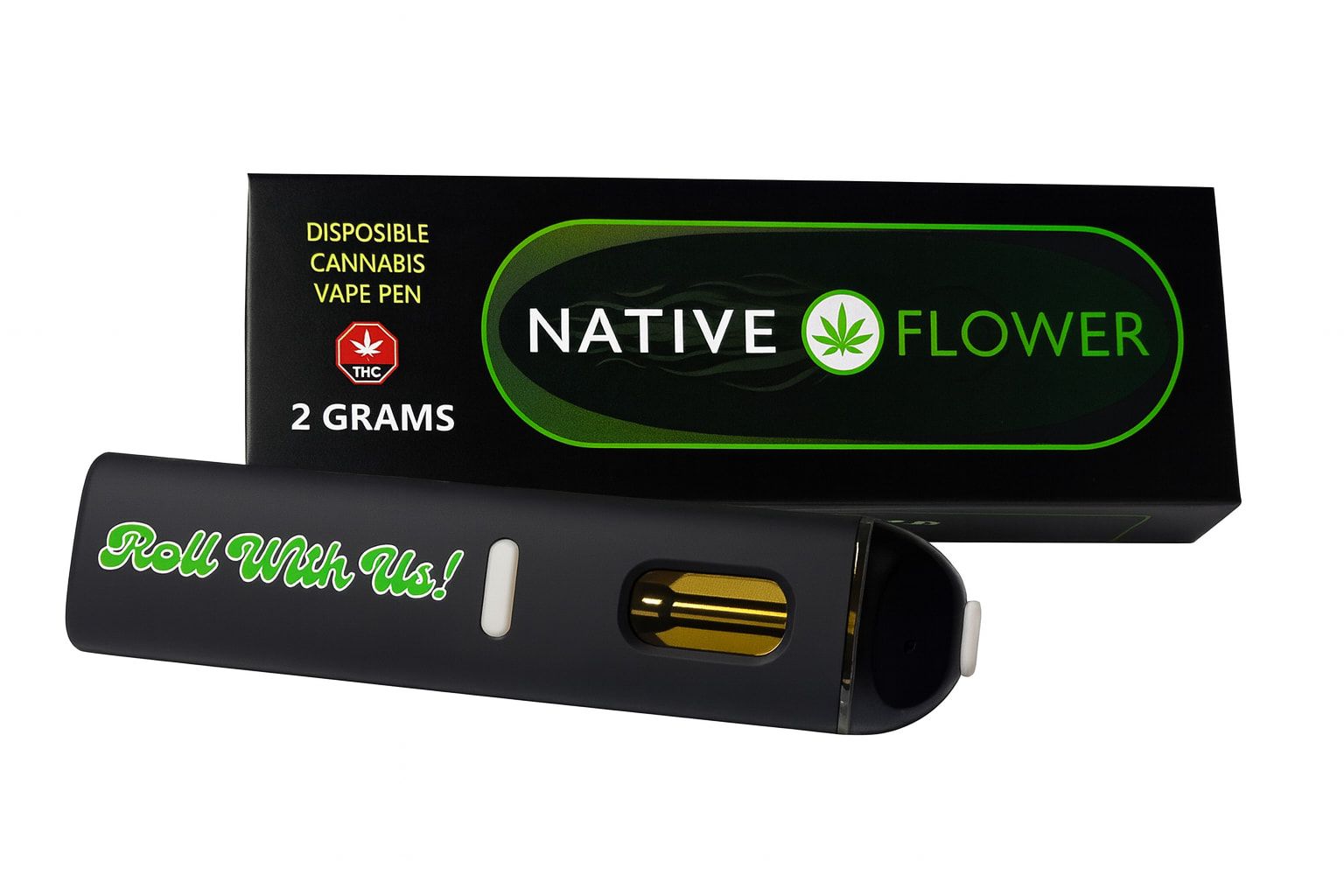 A black disposable vape pen lying in front of its box, the oil visible through a window in the casing.