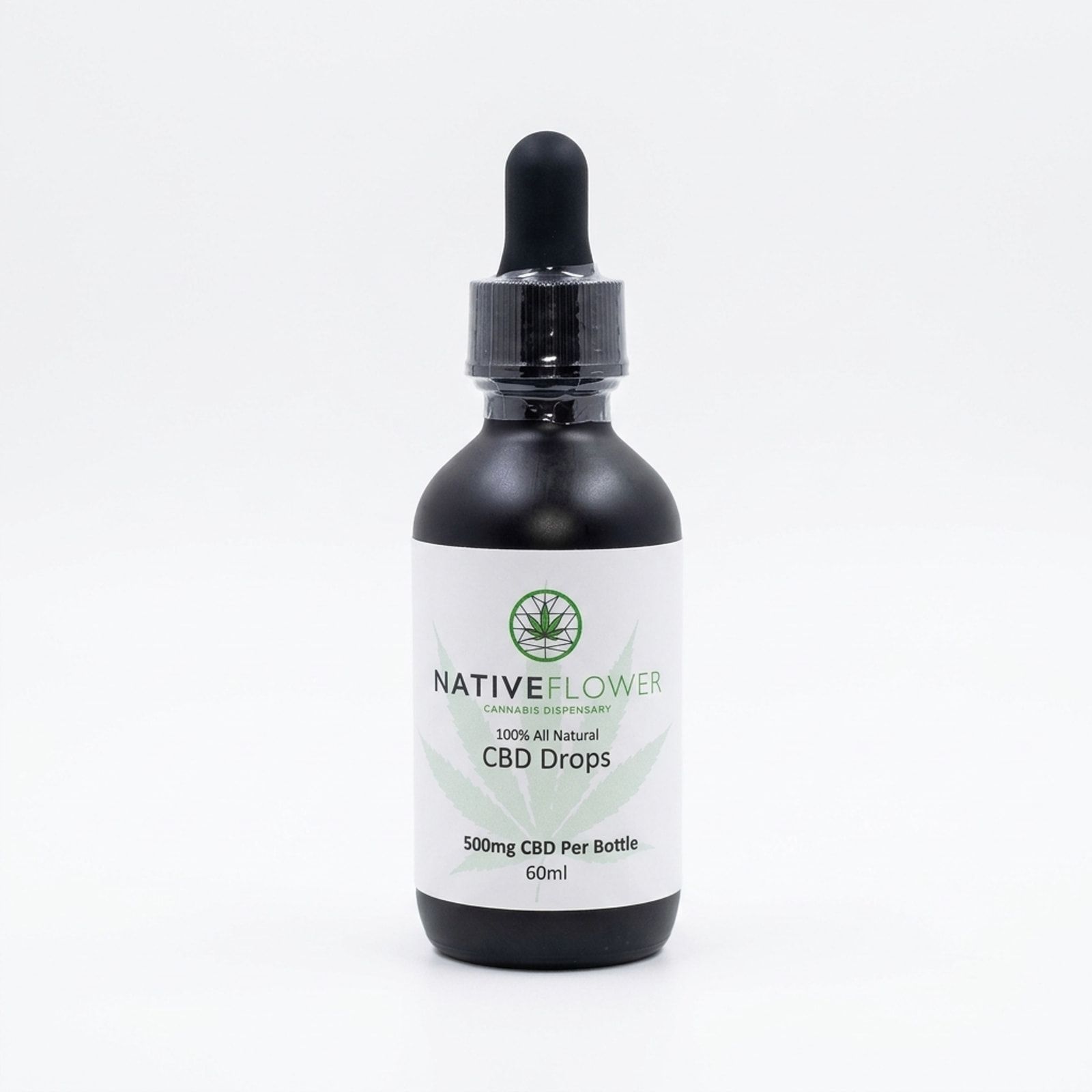 A Native Flower CBD drops bottle with a black dropper cap and a white label, on a white background.
