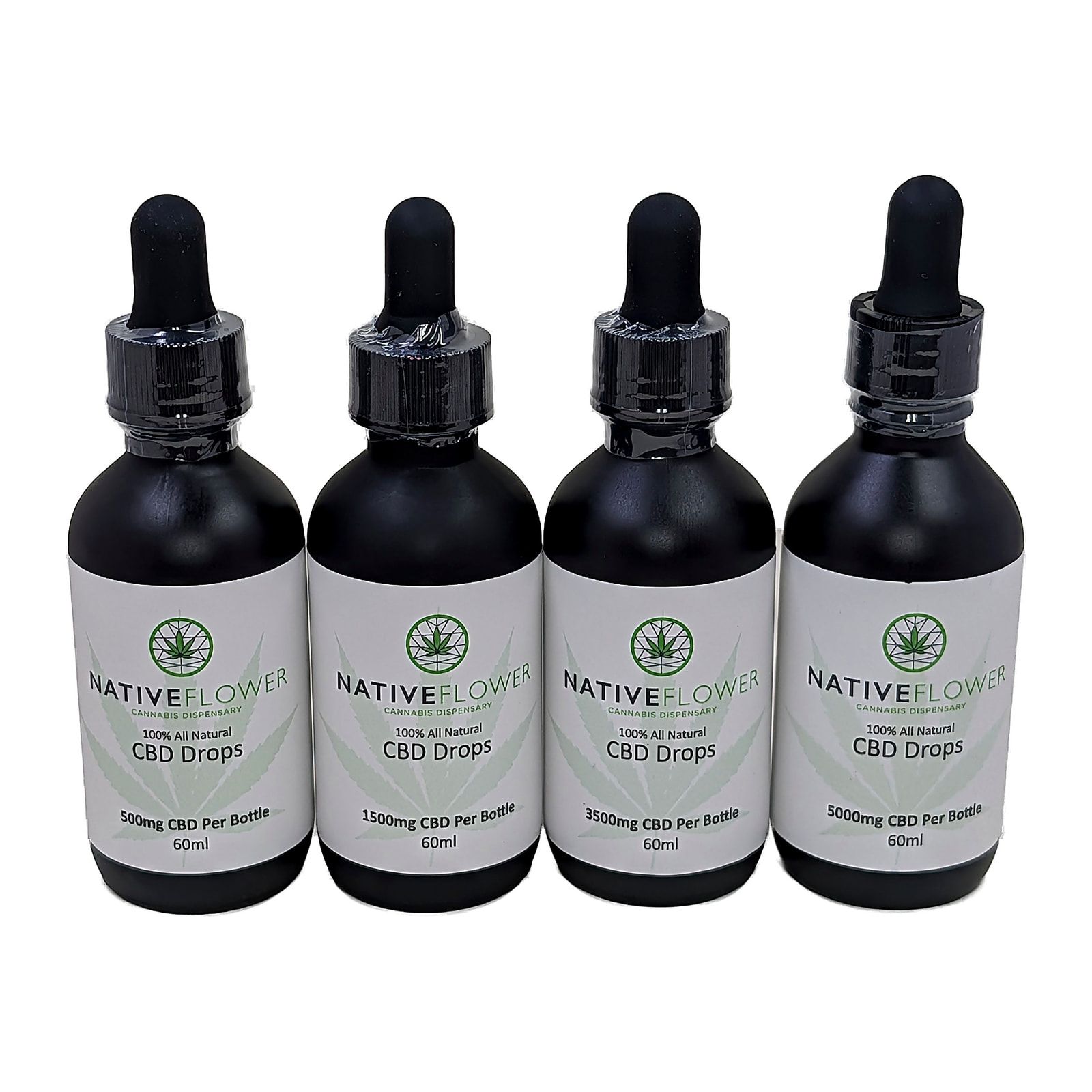 Four black Native Flower CBD drops bottles standing in a row, each with a dropper cap and a white label.
