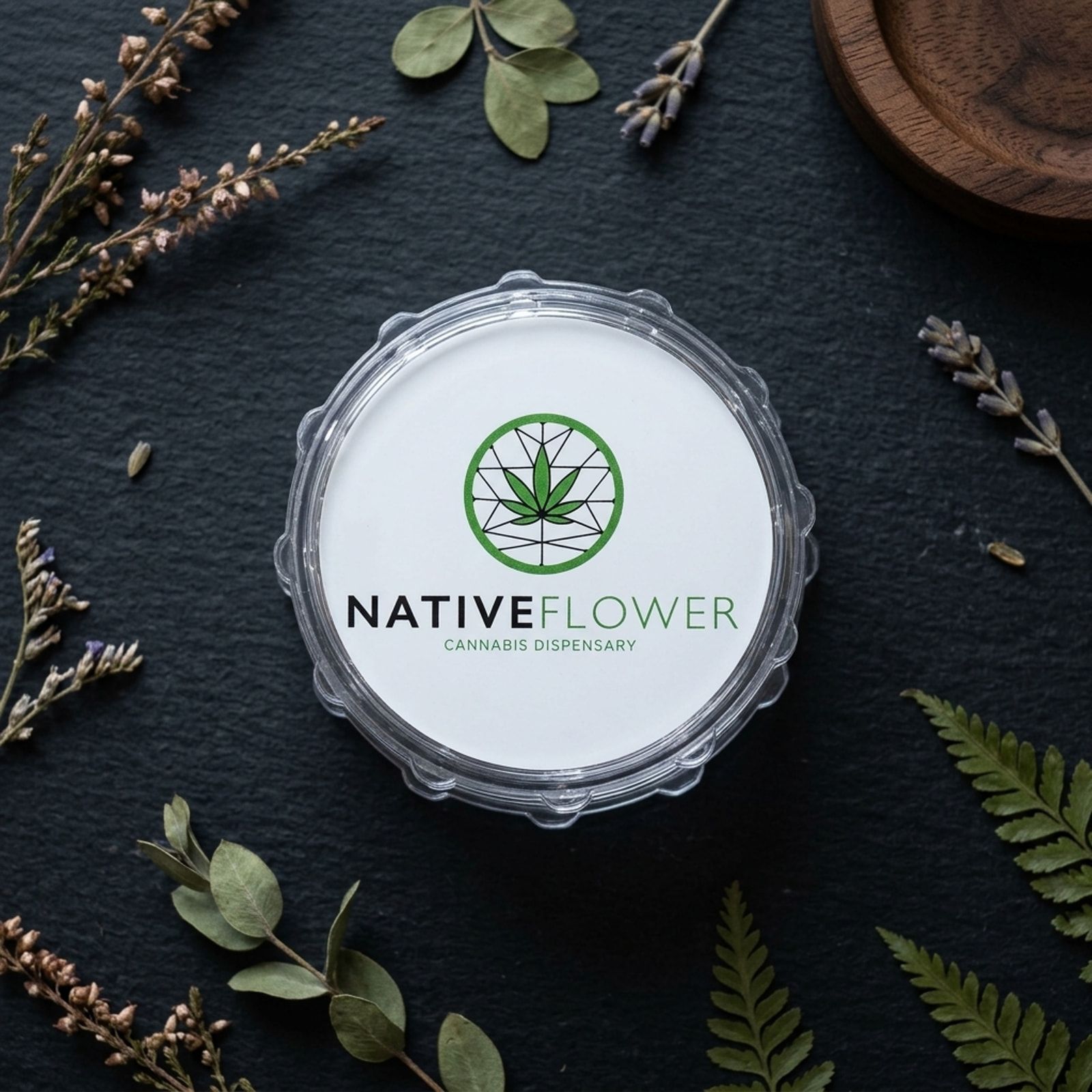 A clear Native Flower plastic grinder seen from above on dark slate, ringed by dried lavender, eucalyptus and fern fronds.