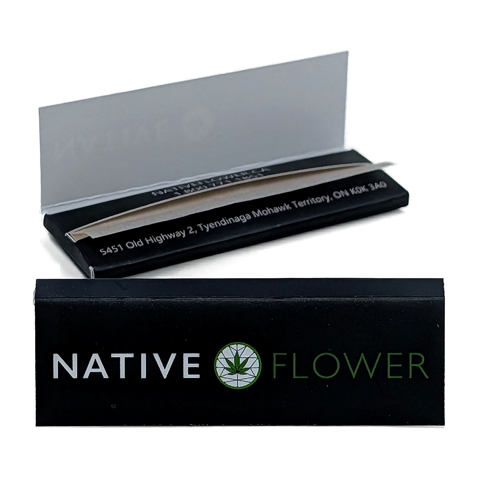 Two booklets of Native Flower rolling papers, one open showing the papers inside.