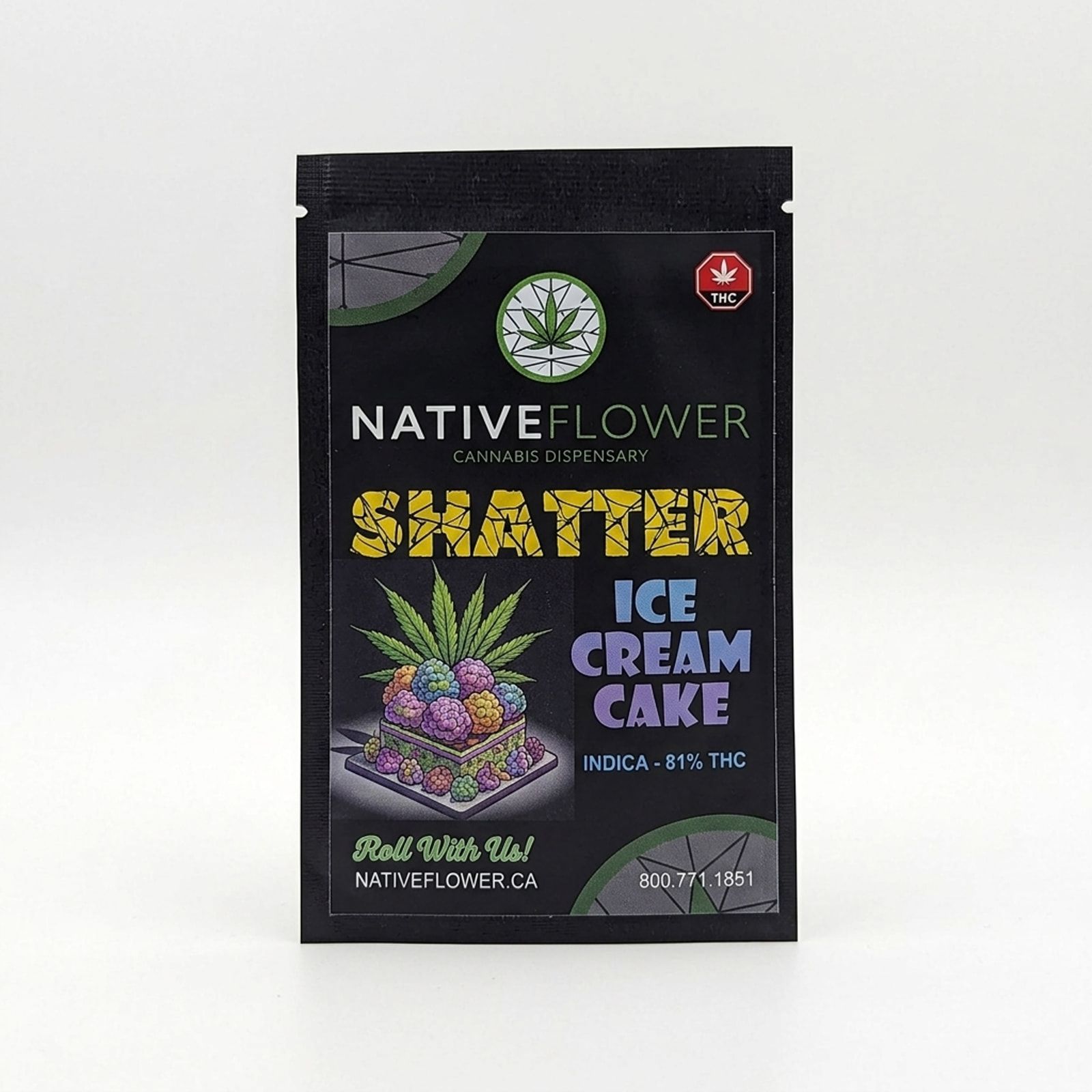 A black Native Flower shatter pouch labelled Ice Cream Cake, front facing on a white background.