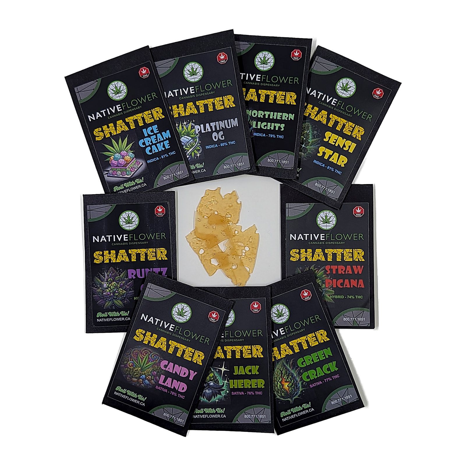 Nine black Native Flower shatter packets fanned out around a piece of amber shatter on a square of paper.