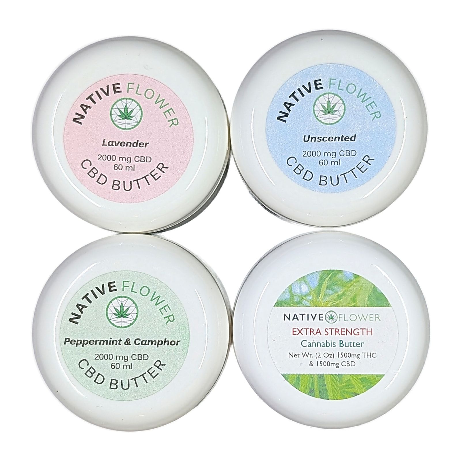 Four white tubs of Native Flower CBD butter arranged in a square and photographed from above, labelled lavender, unscented, peppermint and camphor, and extra strength cannabis butter.