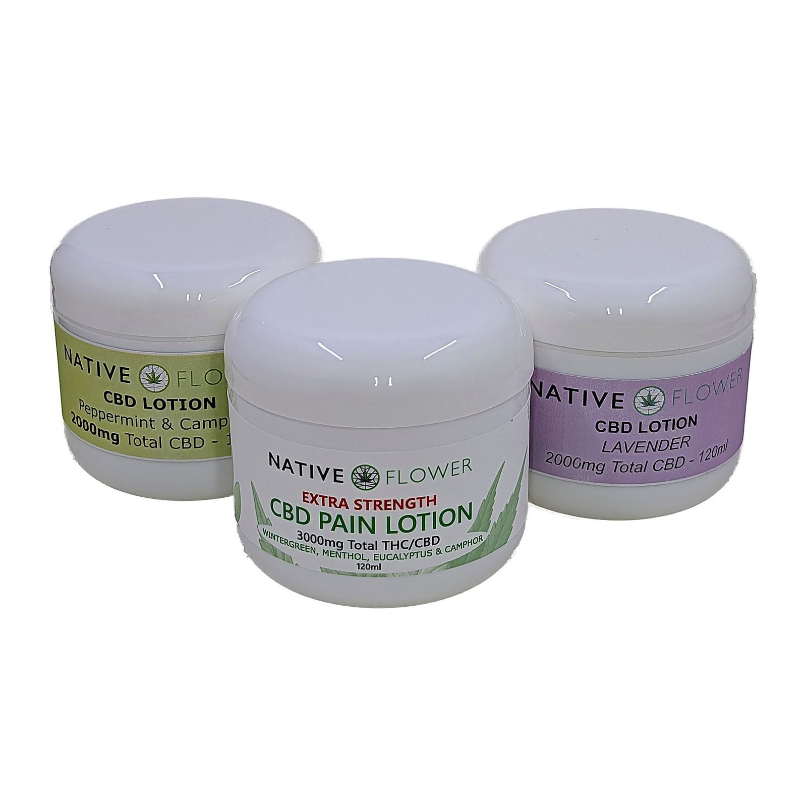 Three white tubs of Native Flower CBD lotion, labelled peppermint and camphor, extra strength pain lotion, and lavender.