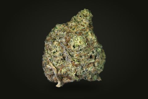 A cured bud of OMG, tall and dense, olive green with rust-orange hairs under a thick frost, on a plain black background.
