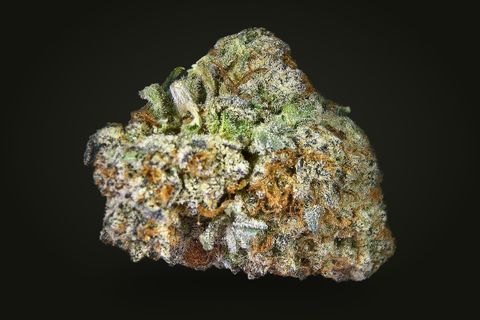 A cured bud of Pandora, mottled olive, green and grey-purple, with orange hairs and frosted sugar leaves, on a plain black background.