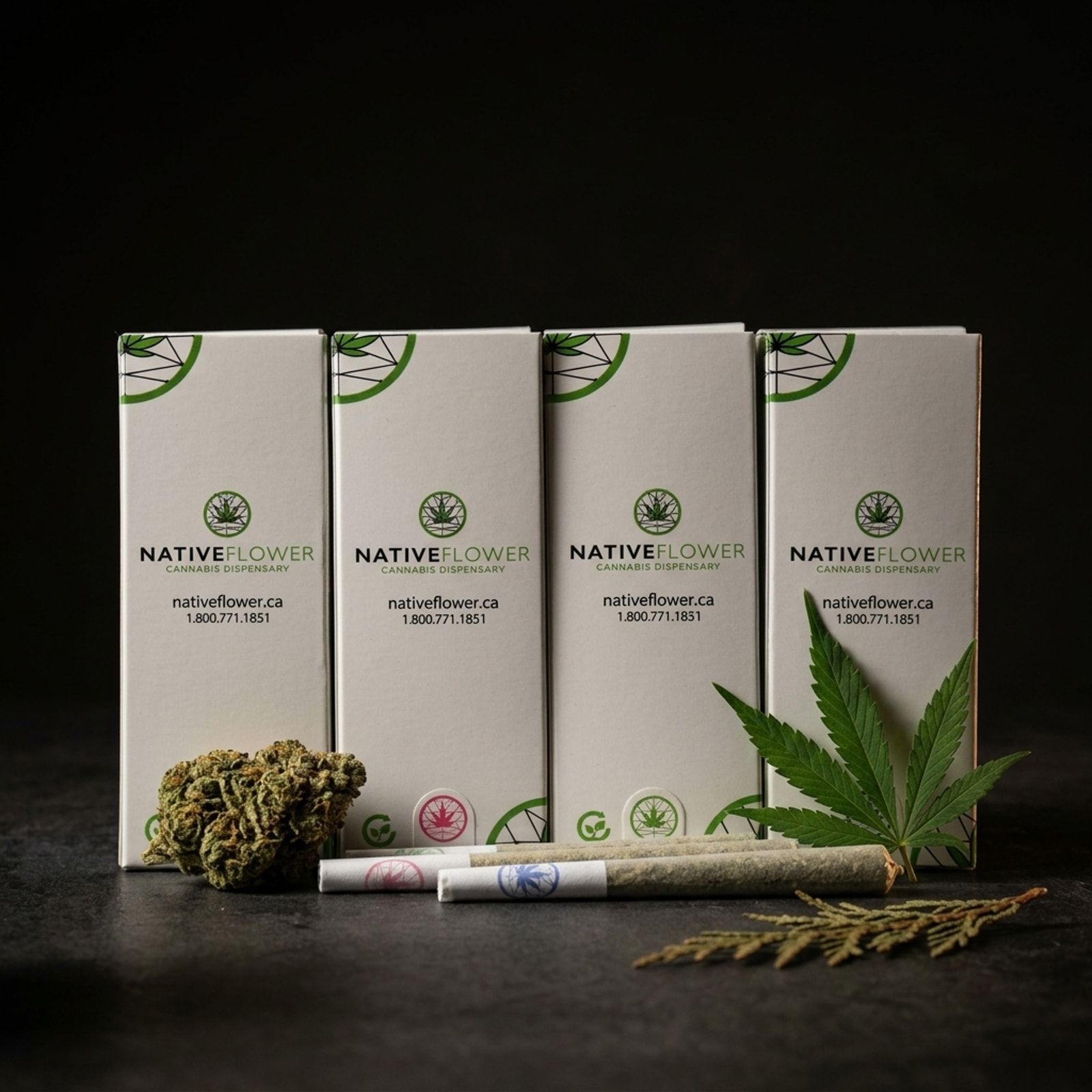Four white Native Flower pre-roll boxes in a row behind three pre-rolls, a cannabis bud, a cannabis leaf and a cedar sprig on dark stone.