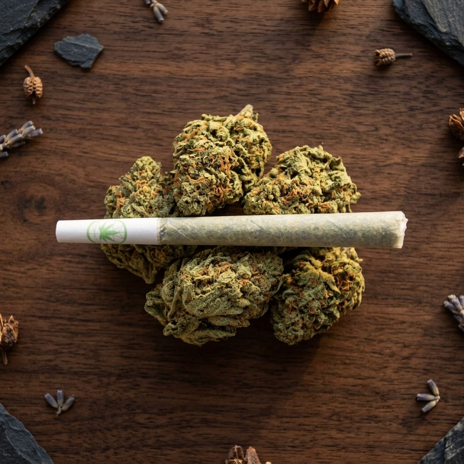 A pre-roll with the Native Flower logo on its white tip, laid across a heap of dried cannabis buds on dark wood.